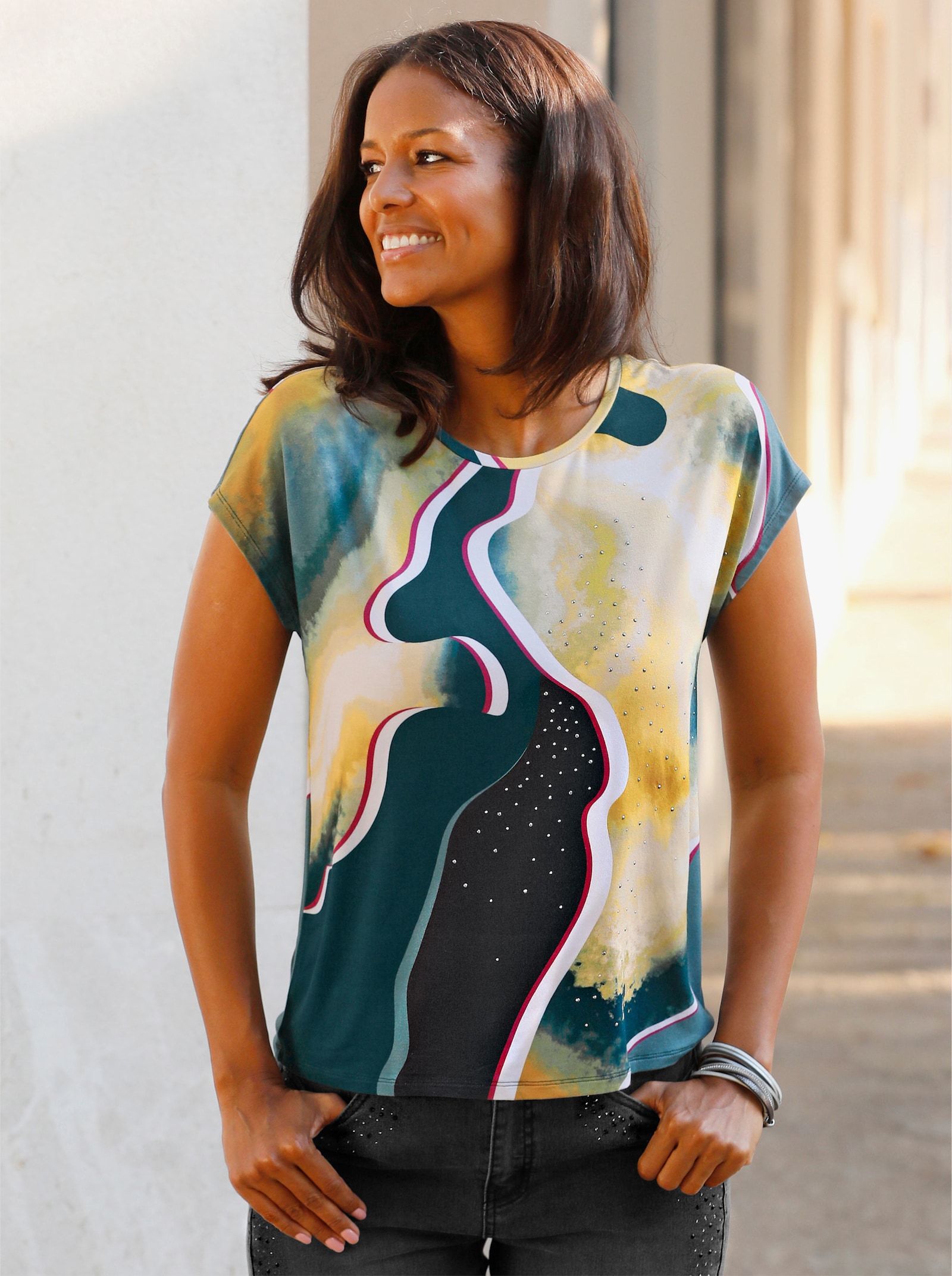  Shirt mit Metallplättchen - jade-gelb-bedruckt