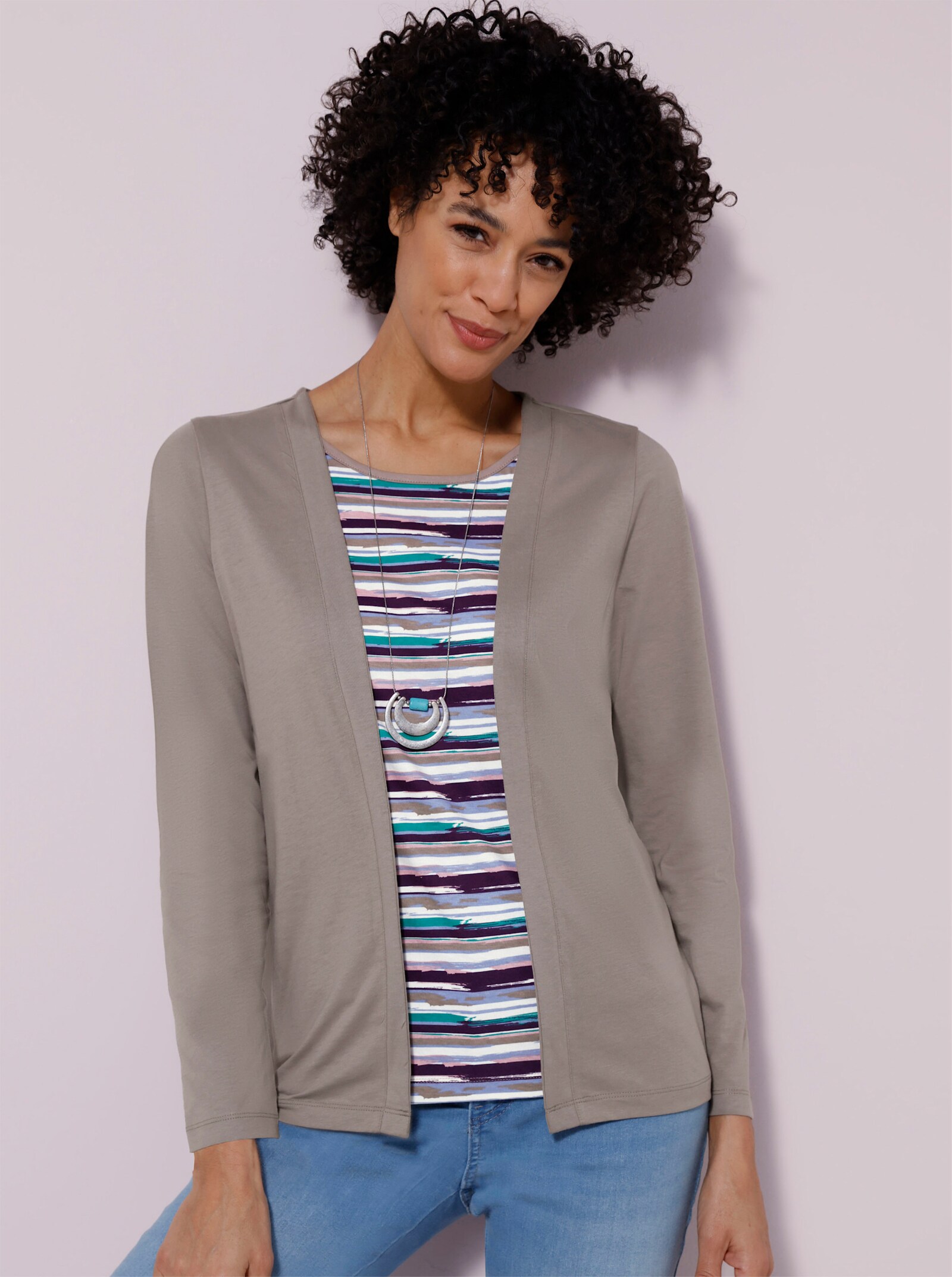 2-in-1-Shirt geringeltem Einsatz - taupe