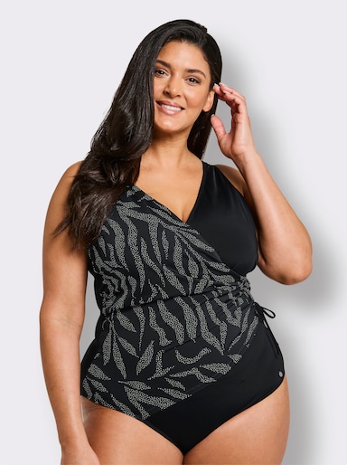 sheego Badeanzug in Wickeloptik, mit Pünktchenprint - schwarz-weiß-bedruckt