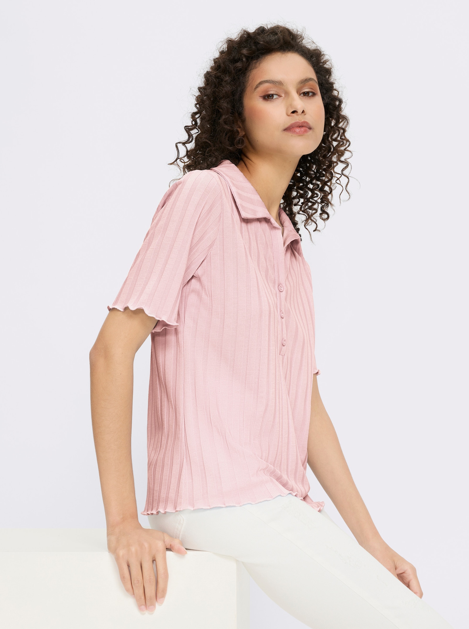 heine Kurzarmshirt mit Wellenkanten - hellrosé