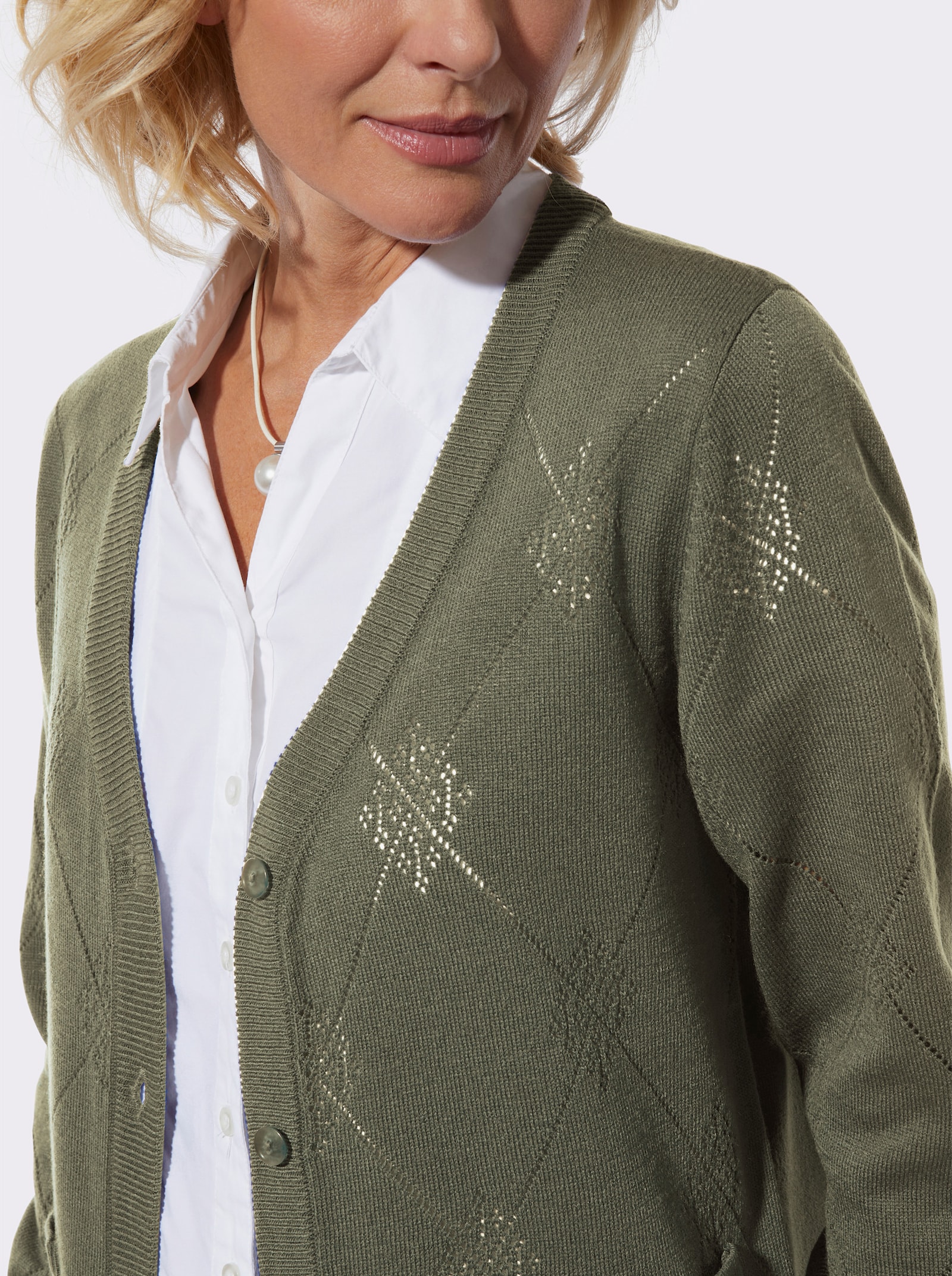 Ajourstrickjacke mit Rautenmuster - khaki