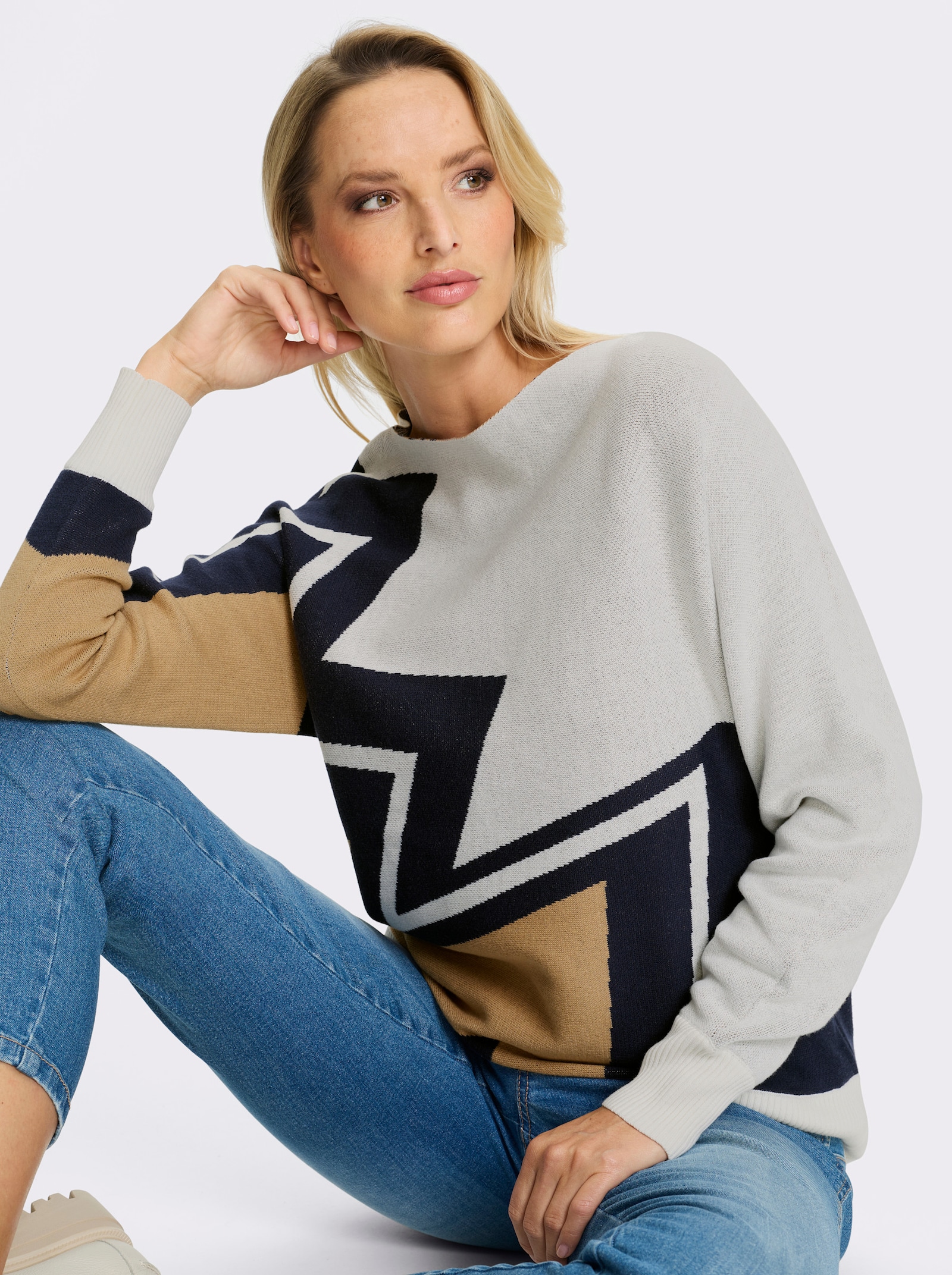 heine Langarm-Pullover mit Intarsienstrick - ecru-camel-gemustert