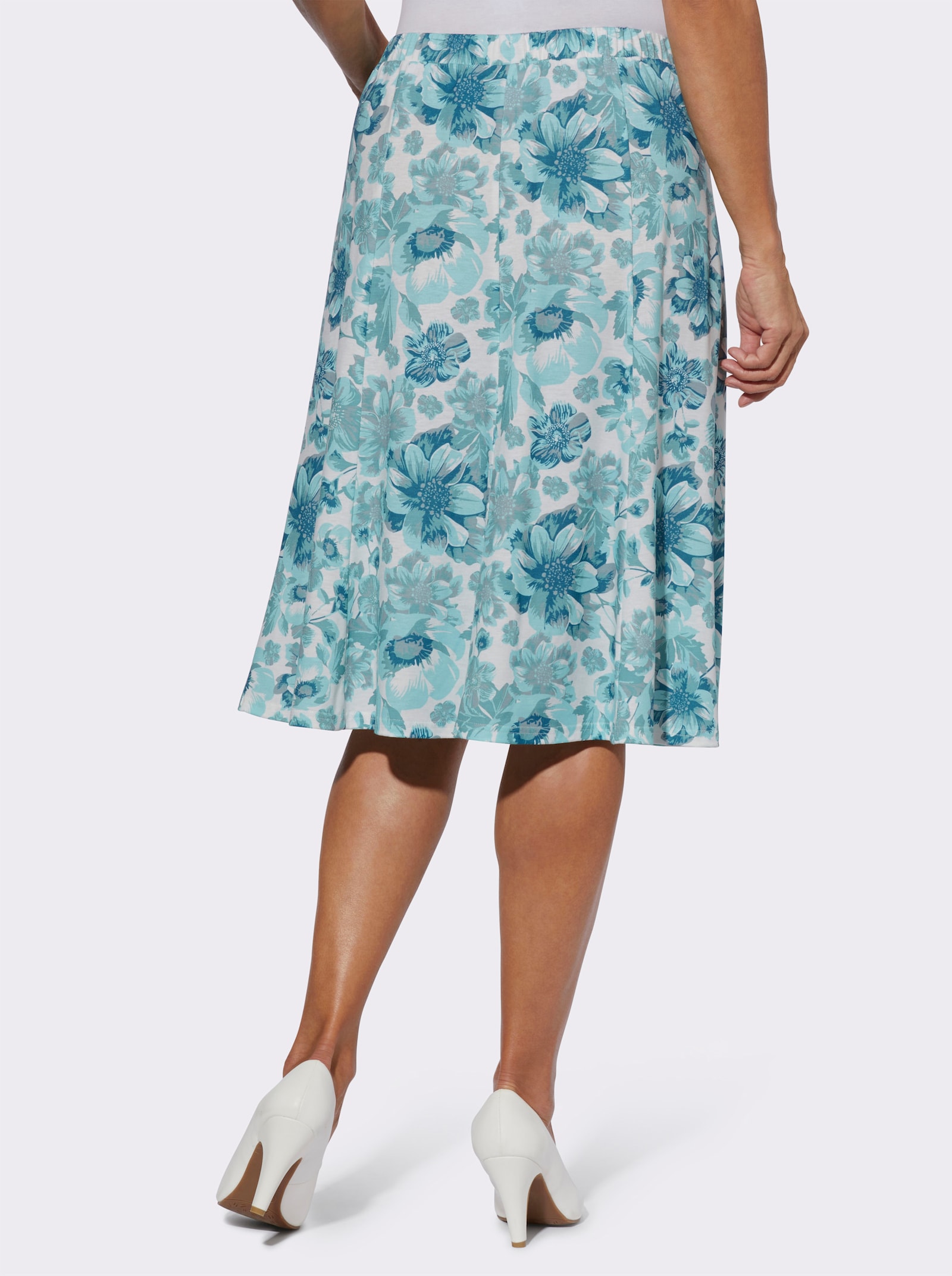 Vårdskuren trikåkjol - gräddvit-jade med tryck