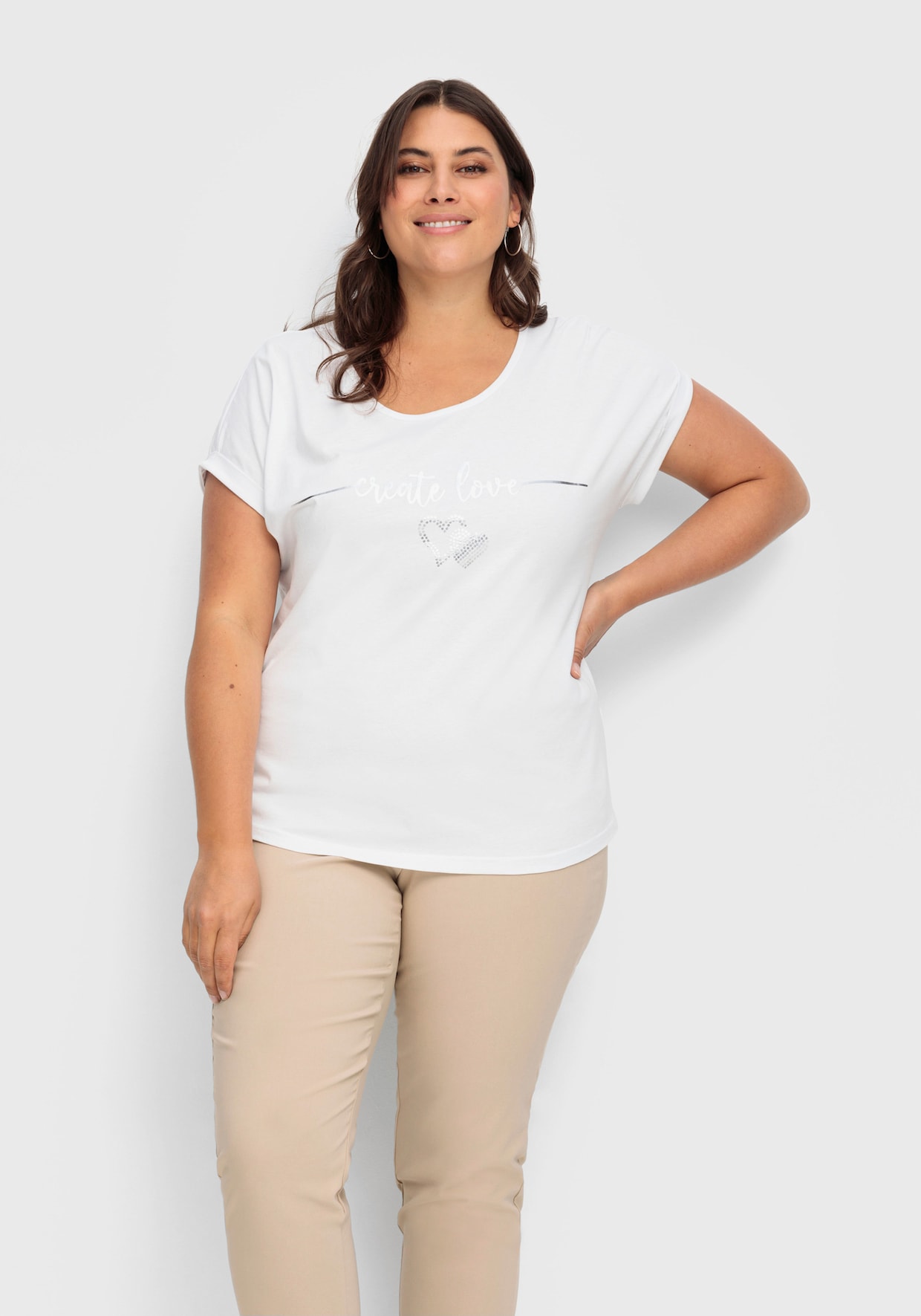 Rundhalsshirt mit Ärmel-Aufschlag - ecru