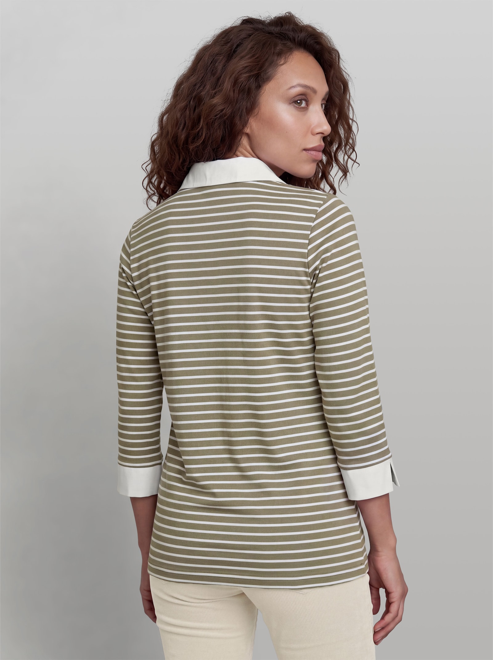 heine Poloshirt in 2-in-1-Optik - khaki-weiß-geringelt