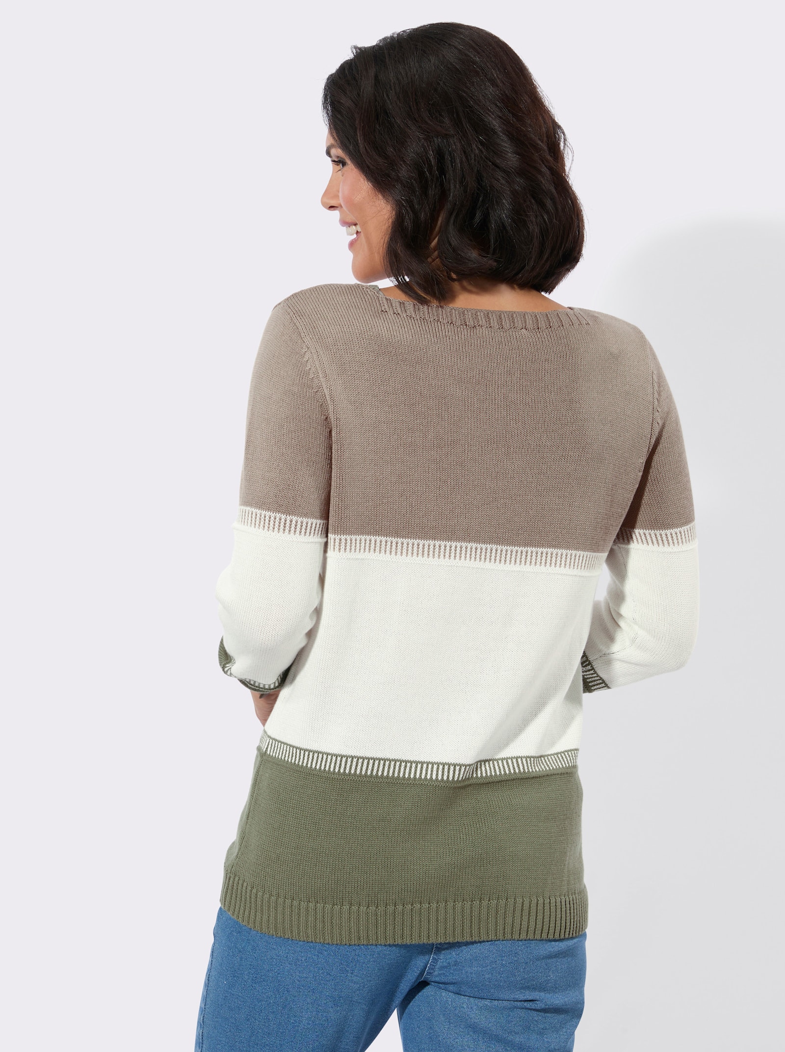 Rundhalspullover im Blockstreifenmuster - khaki-ecru-gemustert