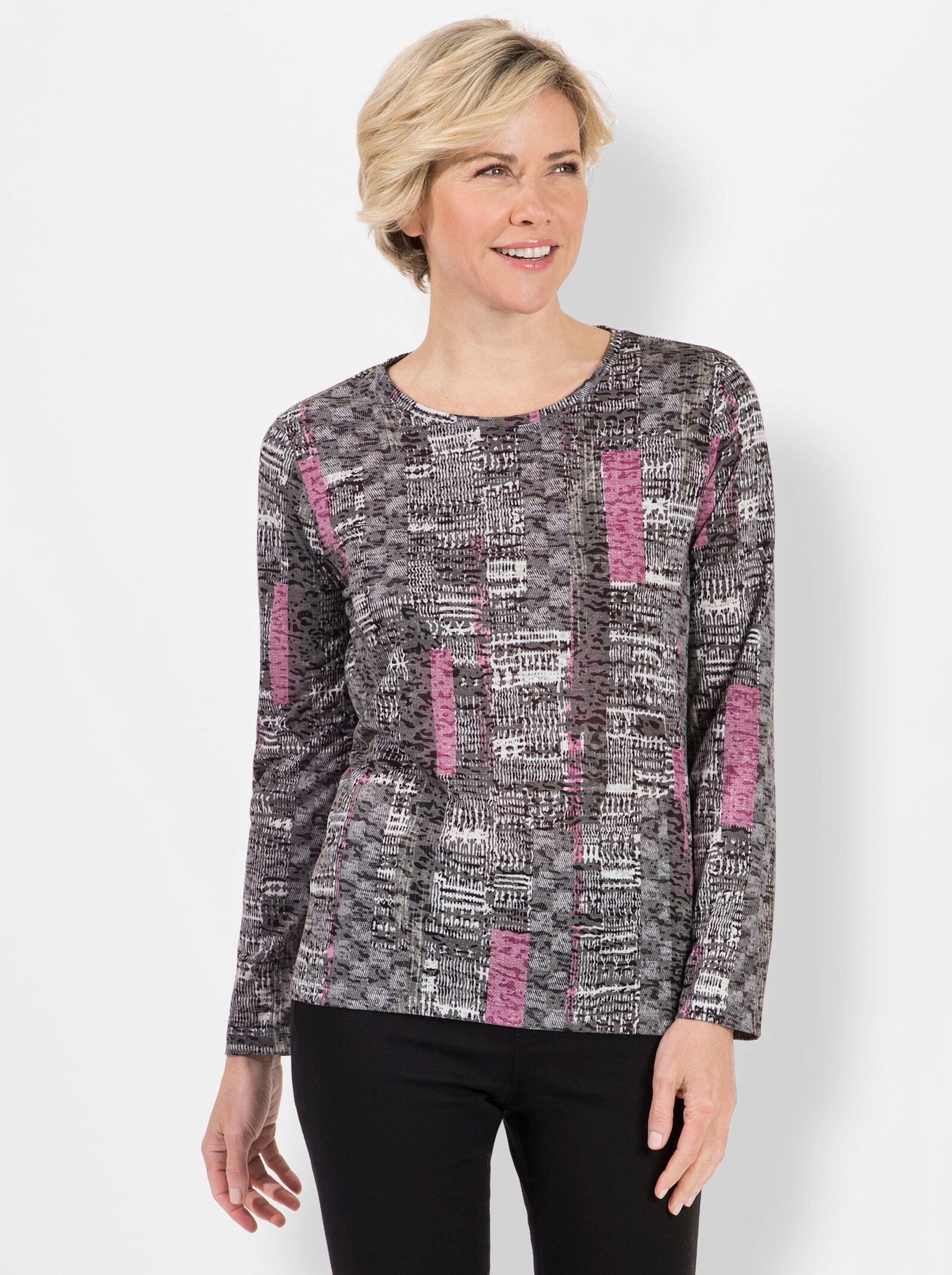 Rundhalsshirt mit Rundhals-Ausschnitt - orchidee-graphit-bedruckt