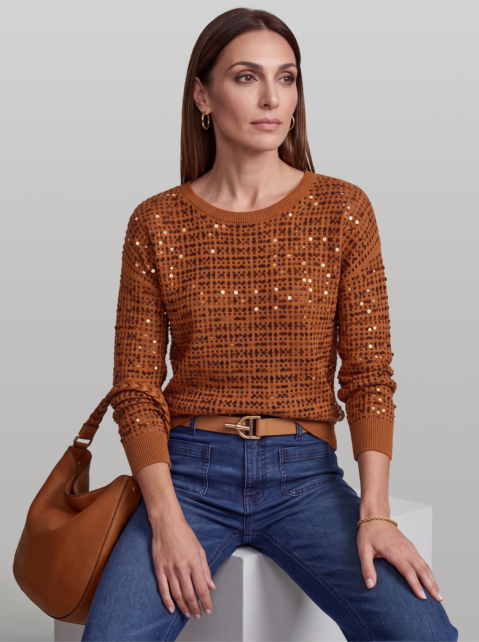heine Langarm-Pullover in Netzstrick-Optik - cognac