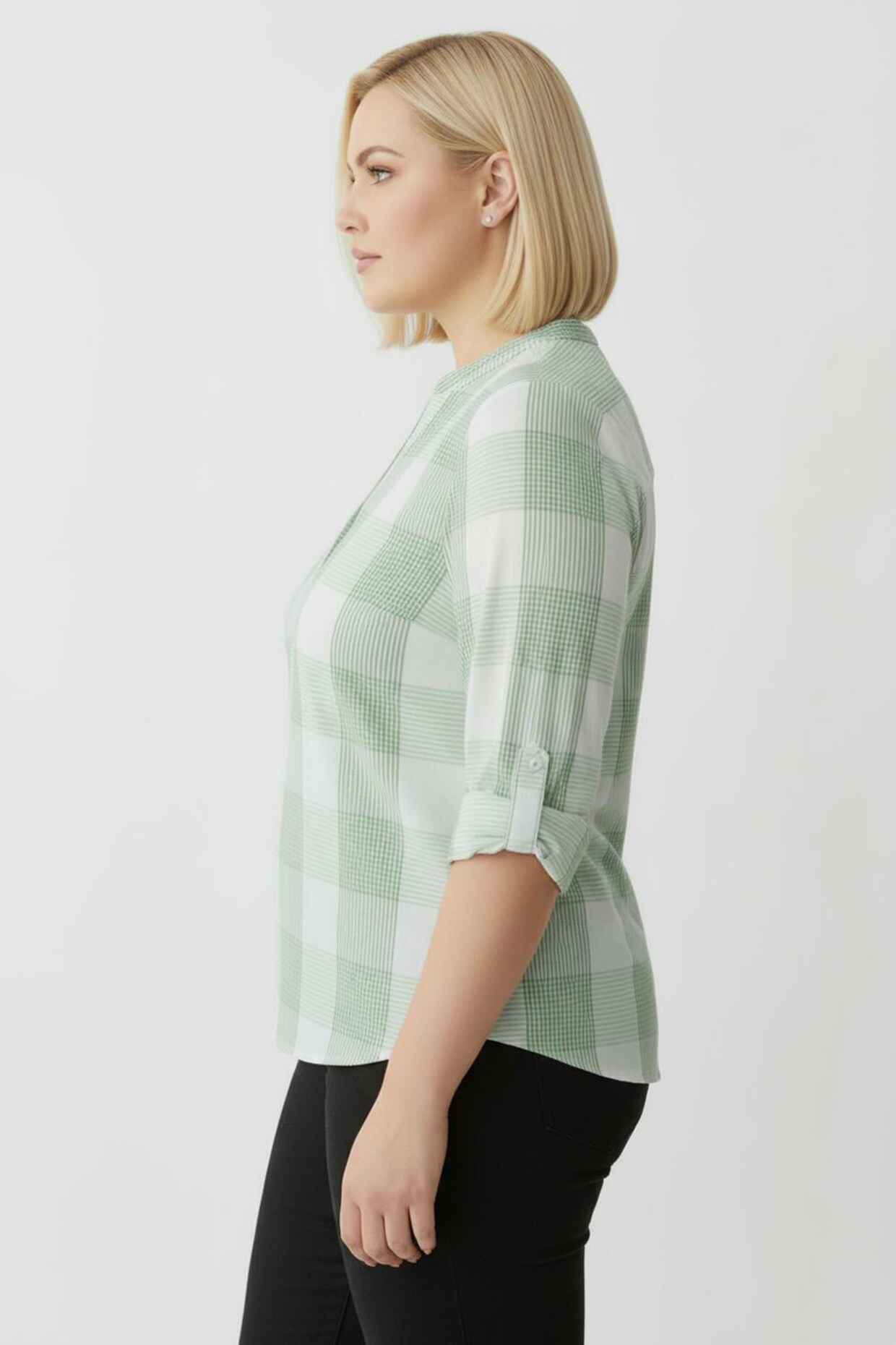 Baumwollbluse mit Stehkragen, kariert - grün-weiß-kariert