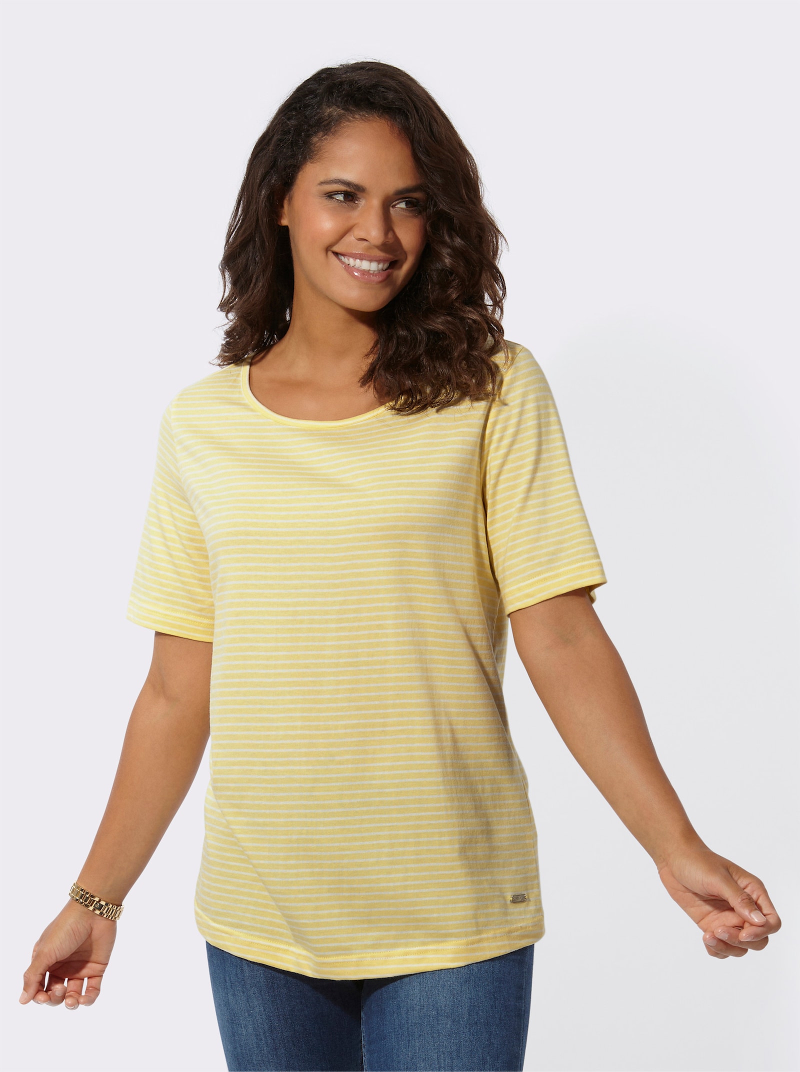 Ringelshirt mit kurzen Ärmeln - zitrone-ecru-geringelt