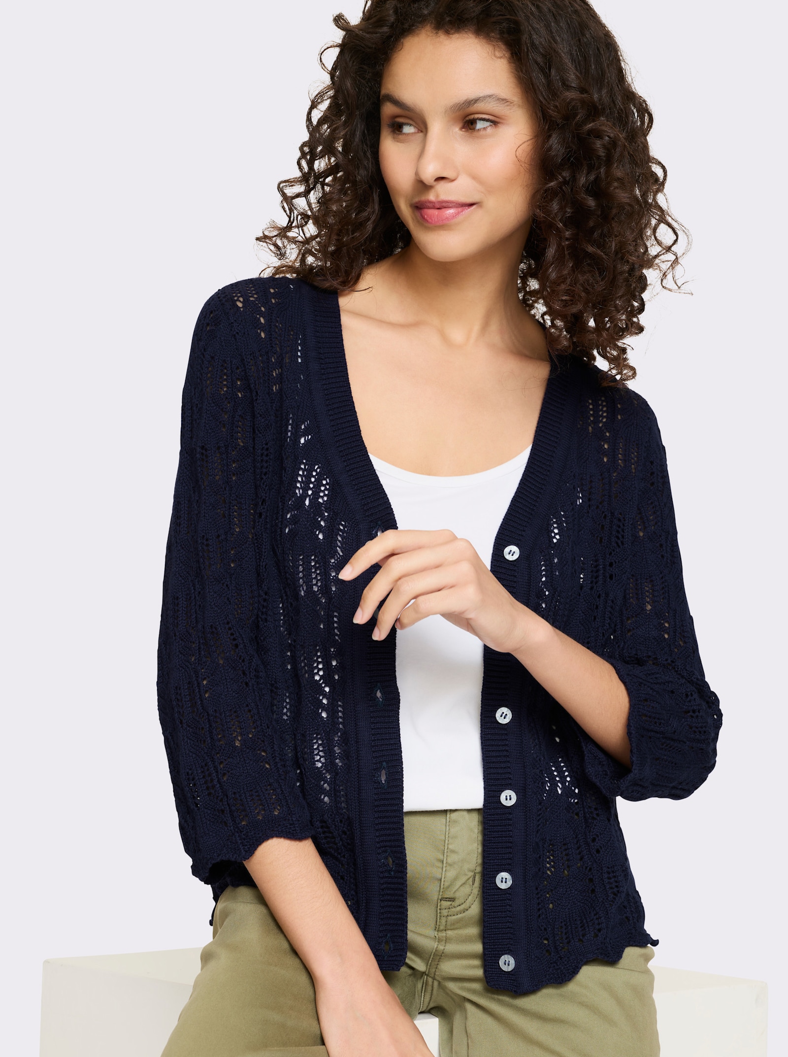 heine Ajourstrickjacke mit 3/4-Arm - marine