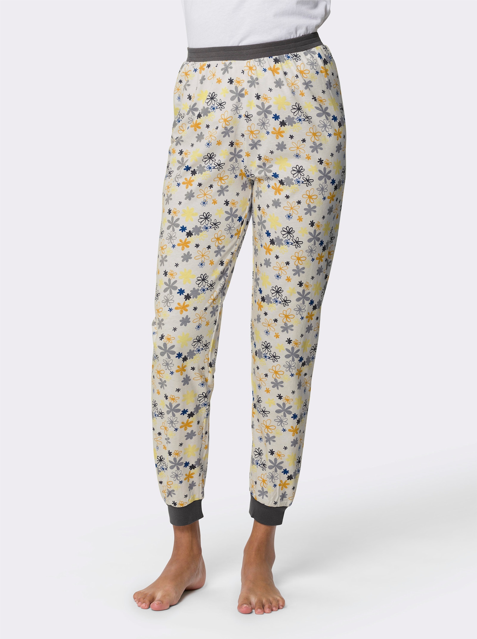 Pyjamabroek met elastische contrastboordjes - ecru/steengrijs gedessineerd