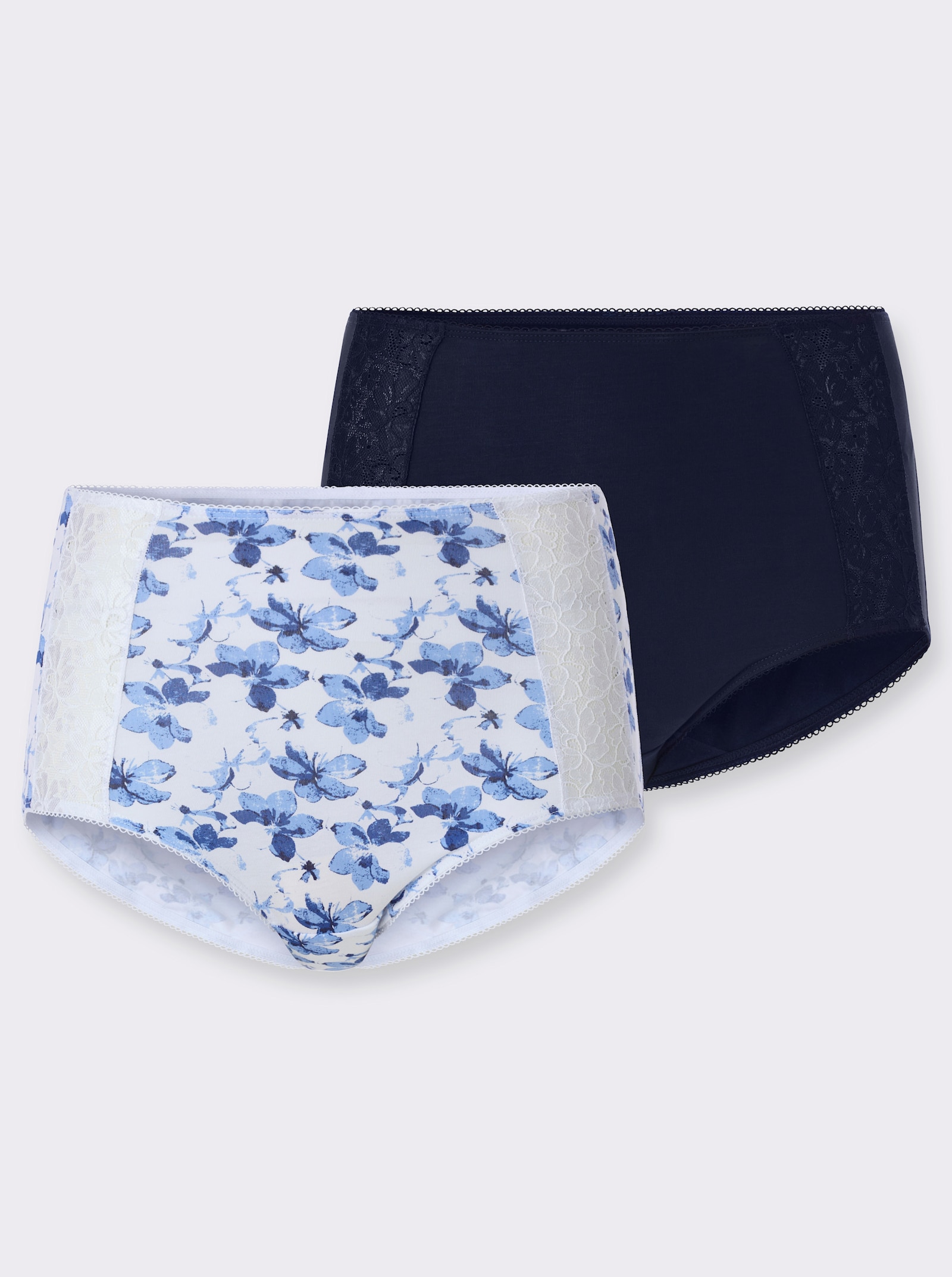 Taillenslip mit Spitzen-Einsätzen - weiß-marine-bedruckt + marine