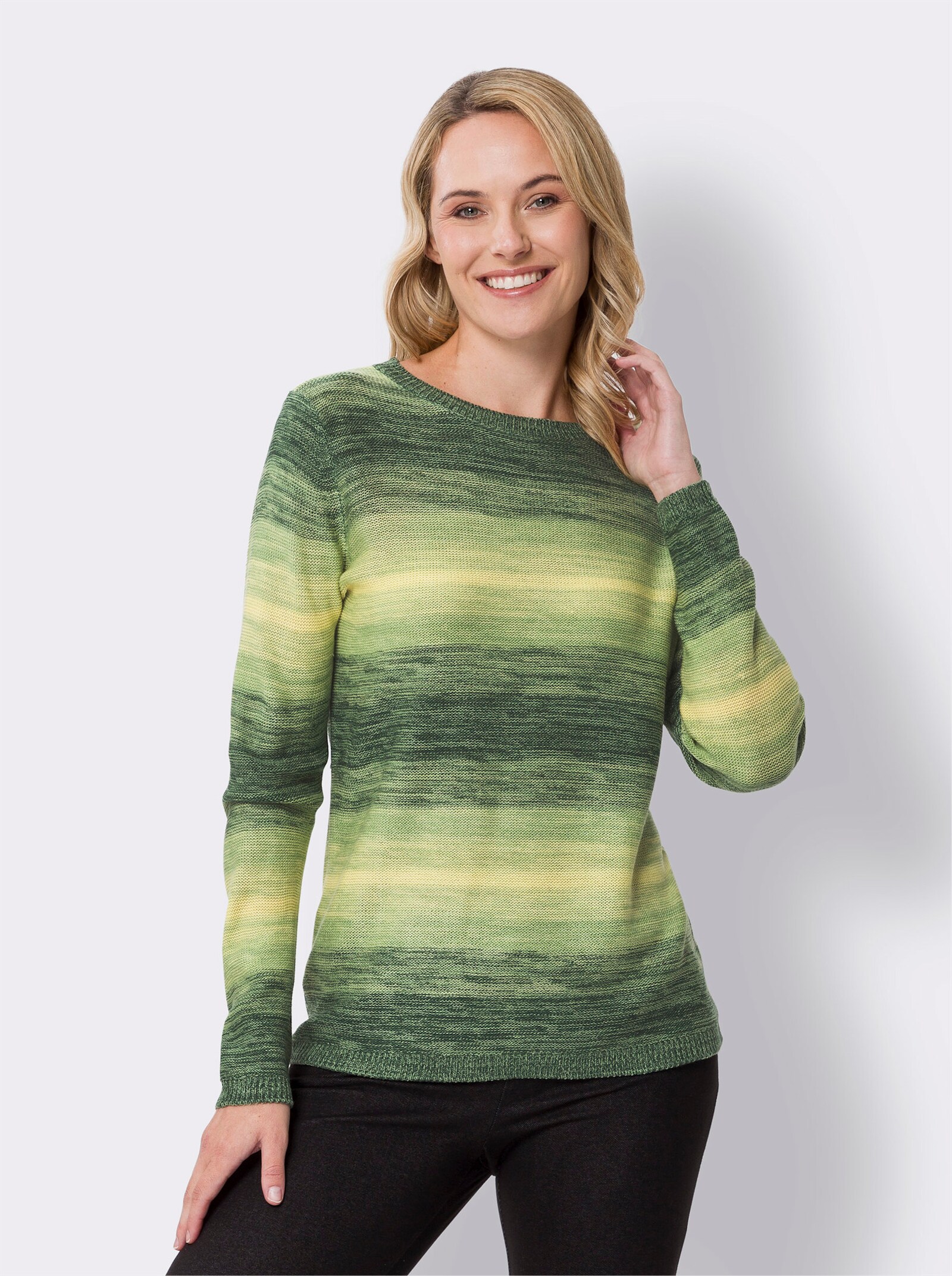 Svetr s kulatým výstřihem s odstupňováním barev - citronová-eukalyptová-vzor