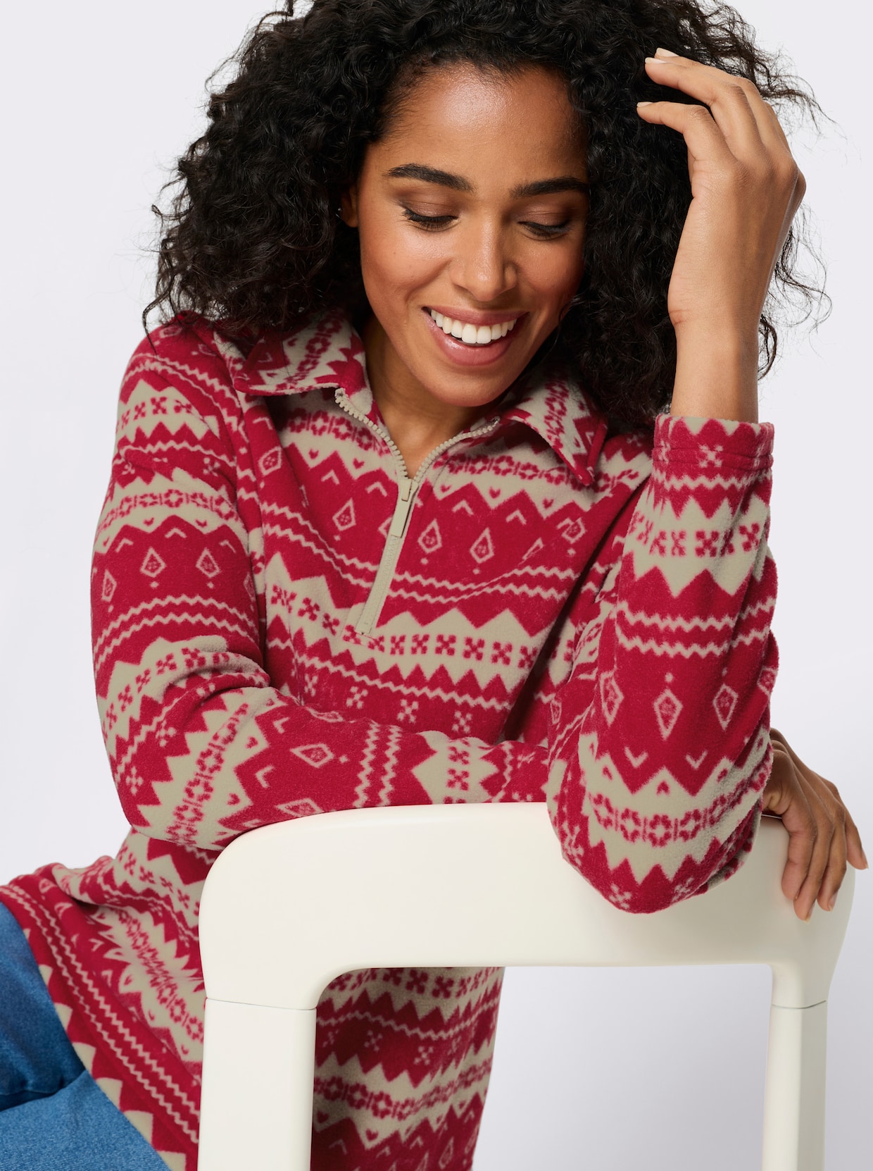 Fleeceshirt mit Streifen-Muster - rot-beige-bedruckt