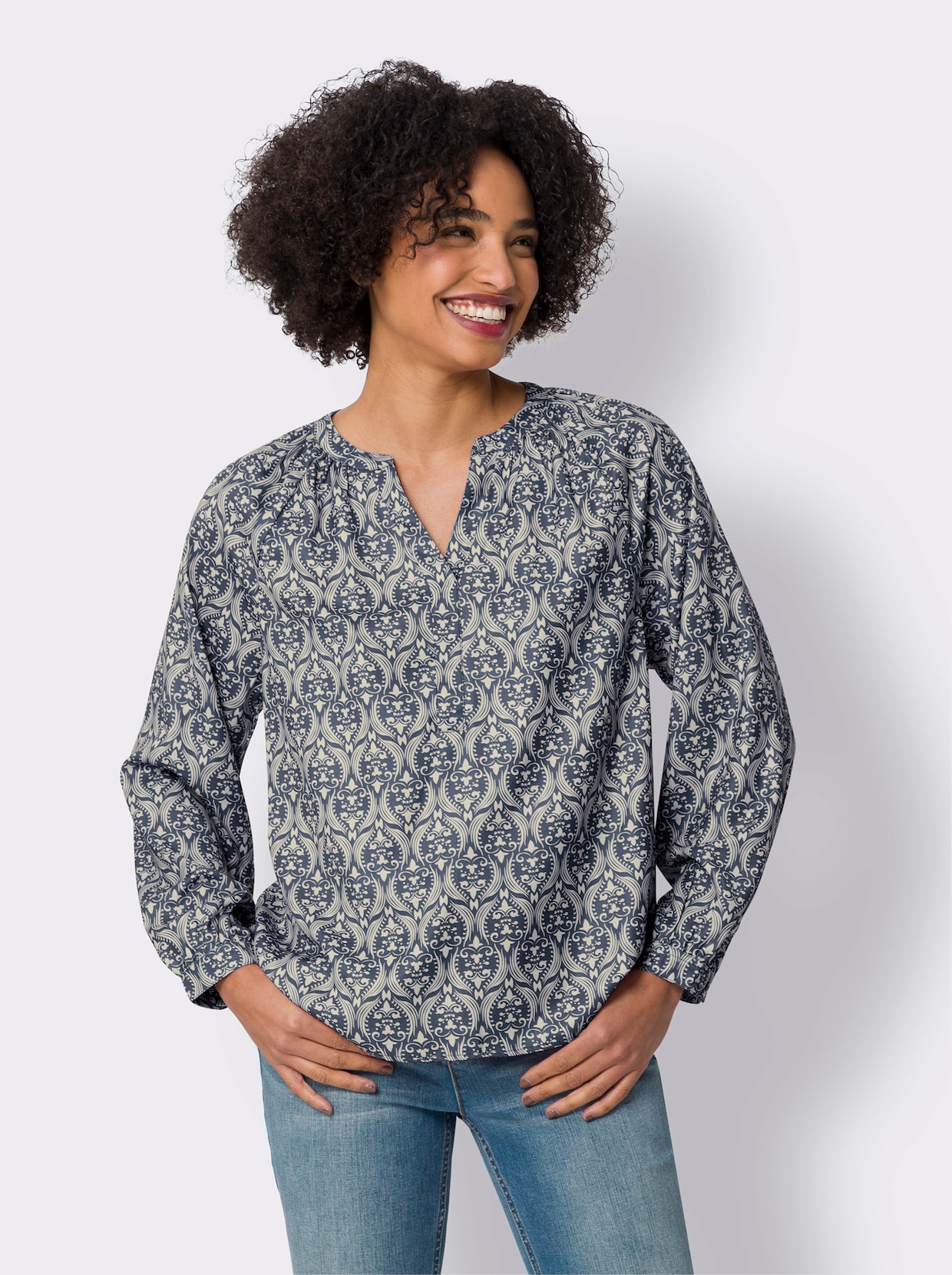 heine Comfortabele blouse - zand/rookblauw bedrukt