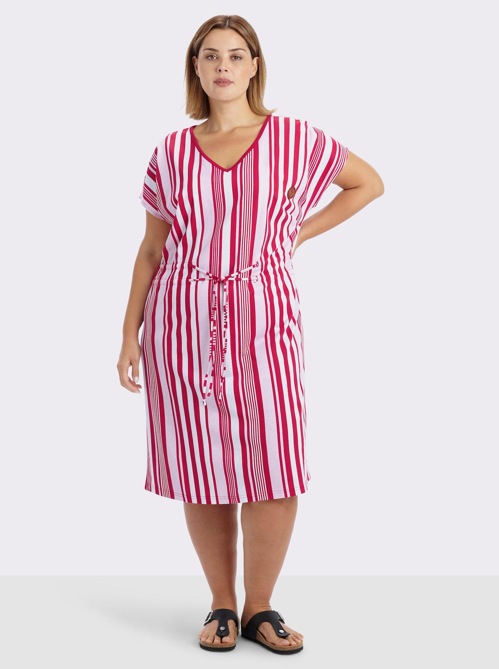 sheego Jerseykleid mit Streifenmuster und Bindeband - weiß-rot-gestreift