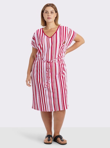 sheego Jerseykleid mit Streifenmuster und Bindeband - weiß-rot-gestreift
