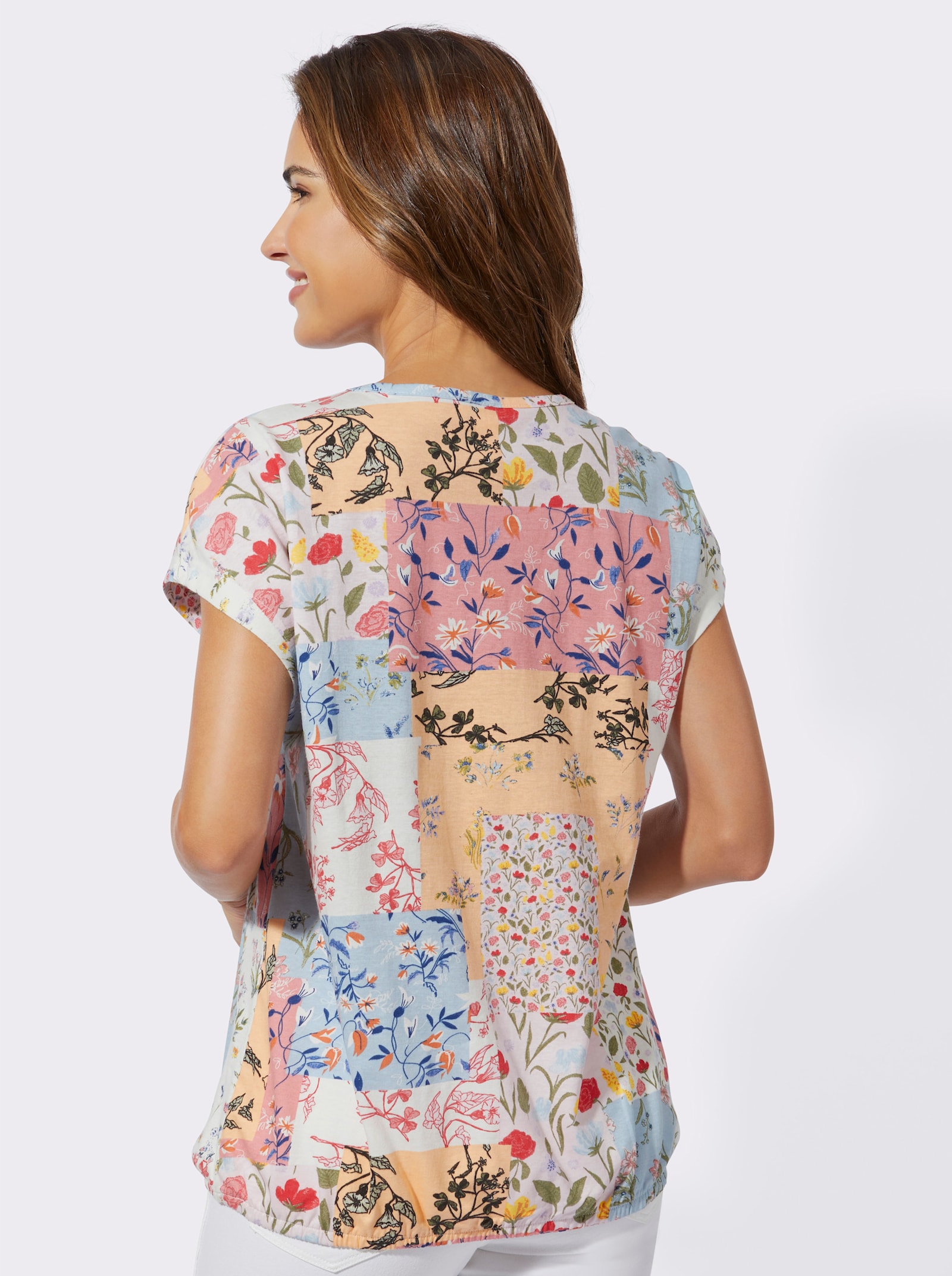 Shirt met ronde hals en elastische zoom - mint/roze geprint