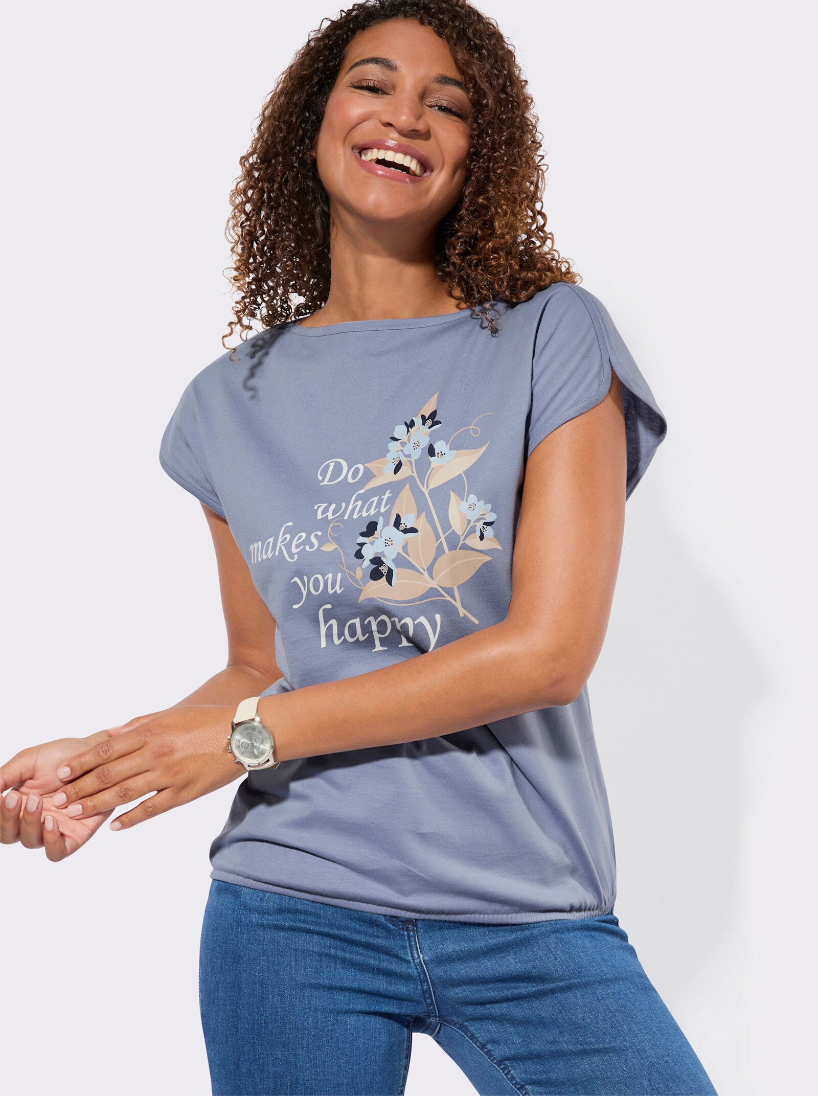 Shirt mit Schriftzug - taubenblau-ecru-bedruckt