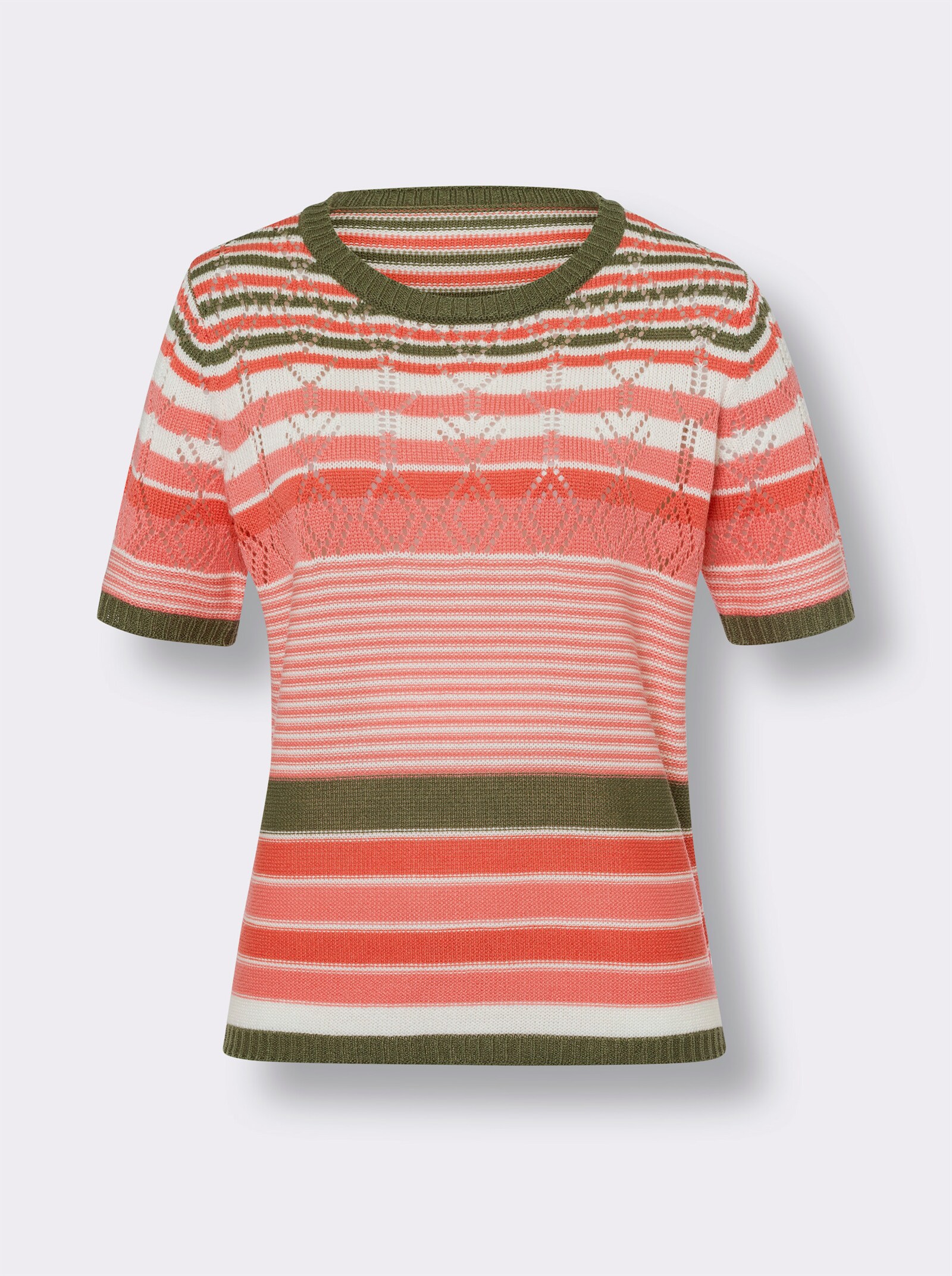 Ažúrový pulóver s pruh. vzorom - Grapefruitovo-kaki pásikovaná