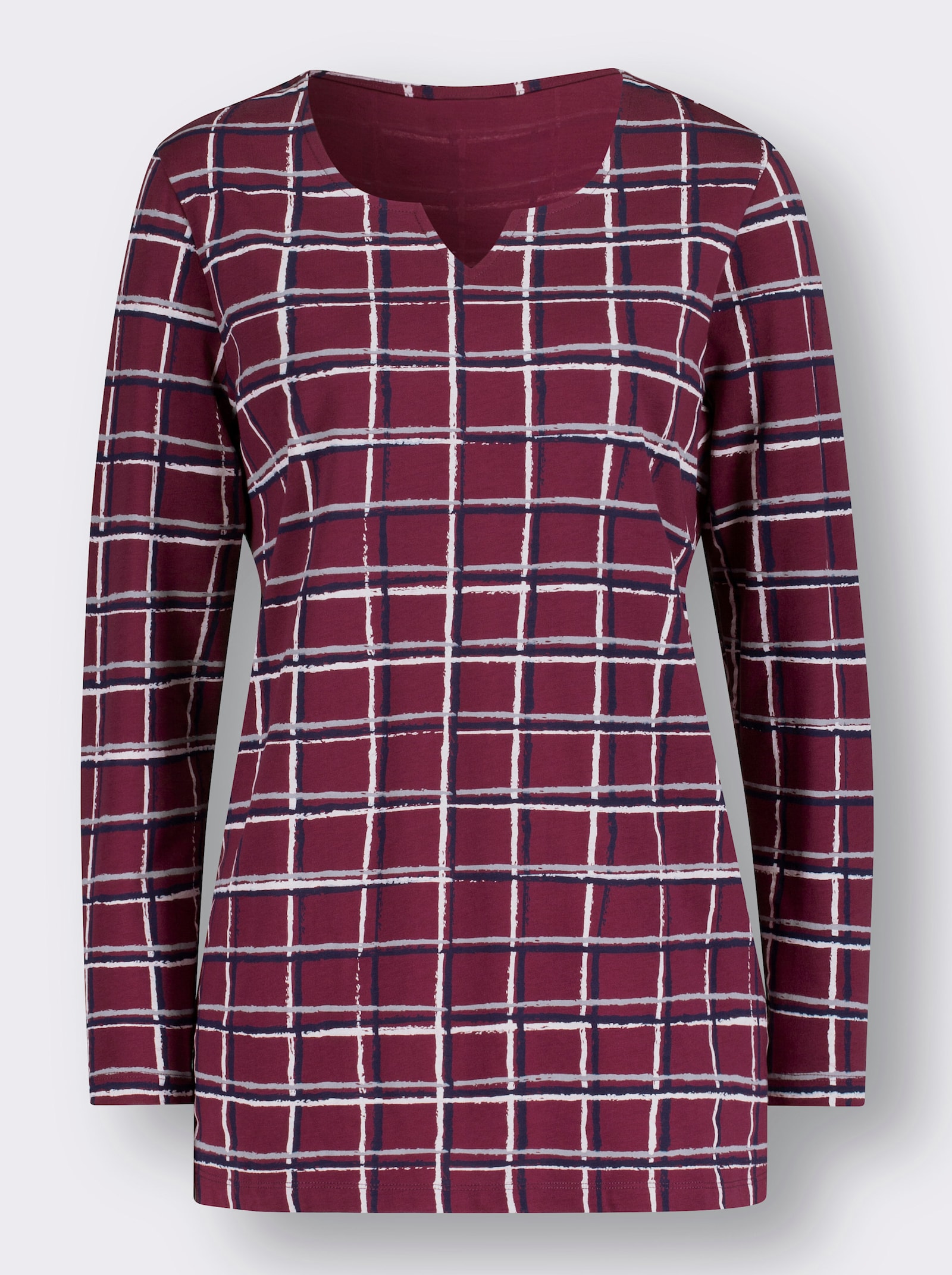 Dlouhé tričko s kostkovaným vzorem - bordó-noční modrá-kostka