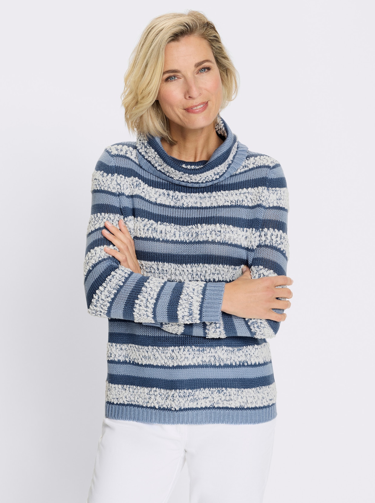 Pullover met rolkraag en effectgaren - jeansblauw-ecru gedessineerd