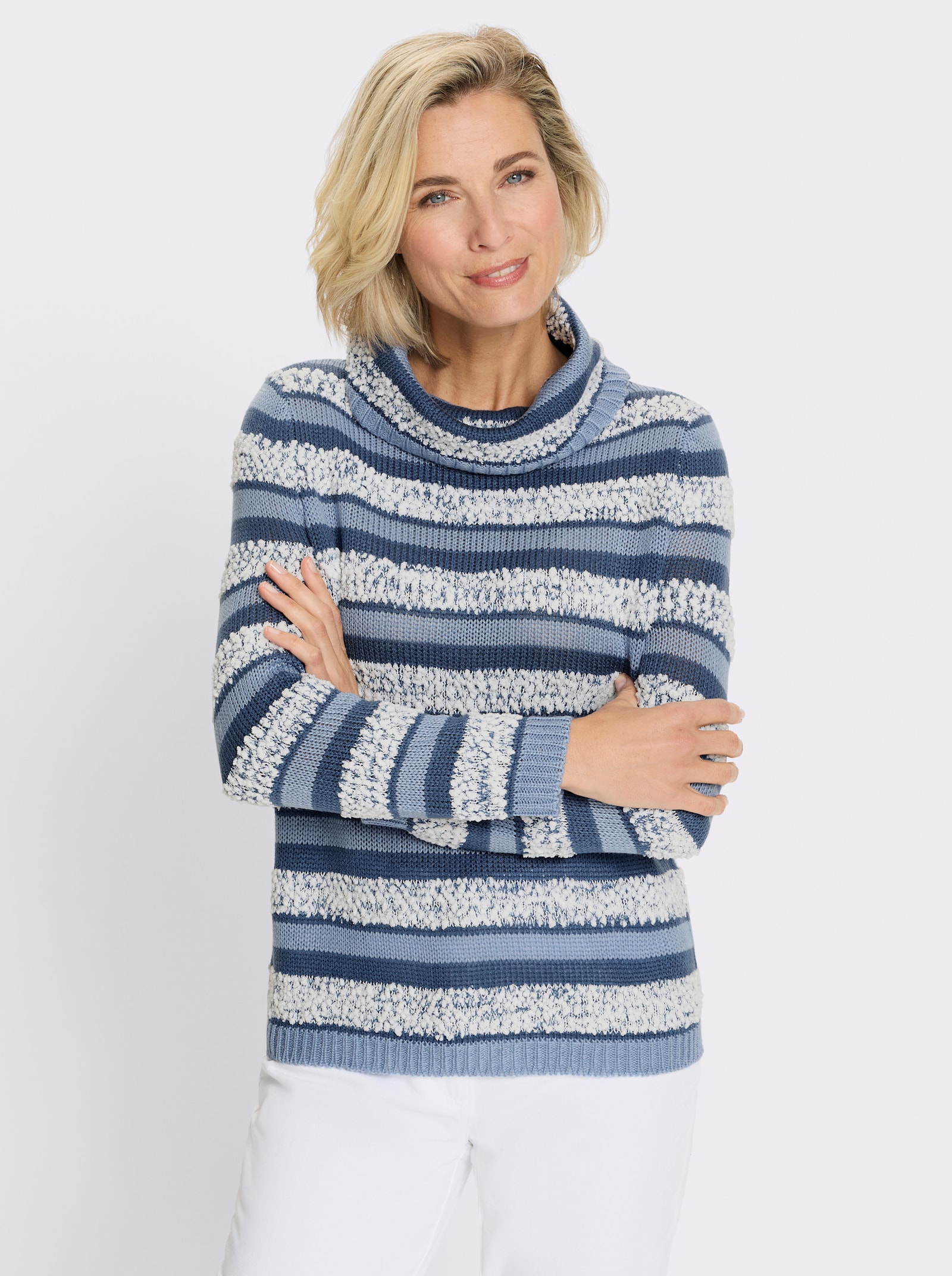 Pullover met rolkraag en effectgaren - jeansblauw-ecru gedessineerd