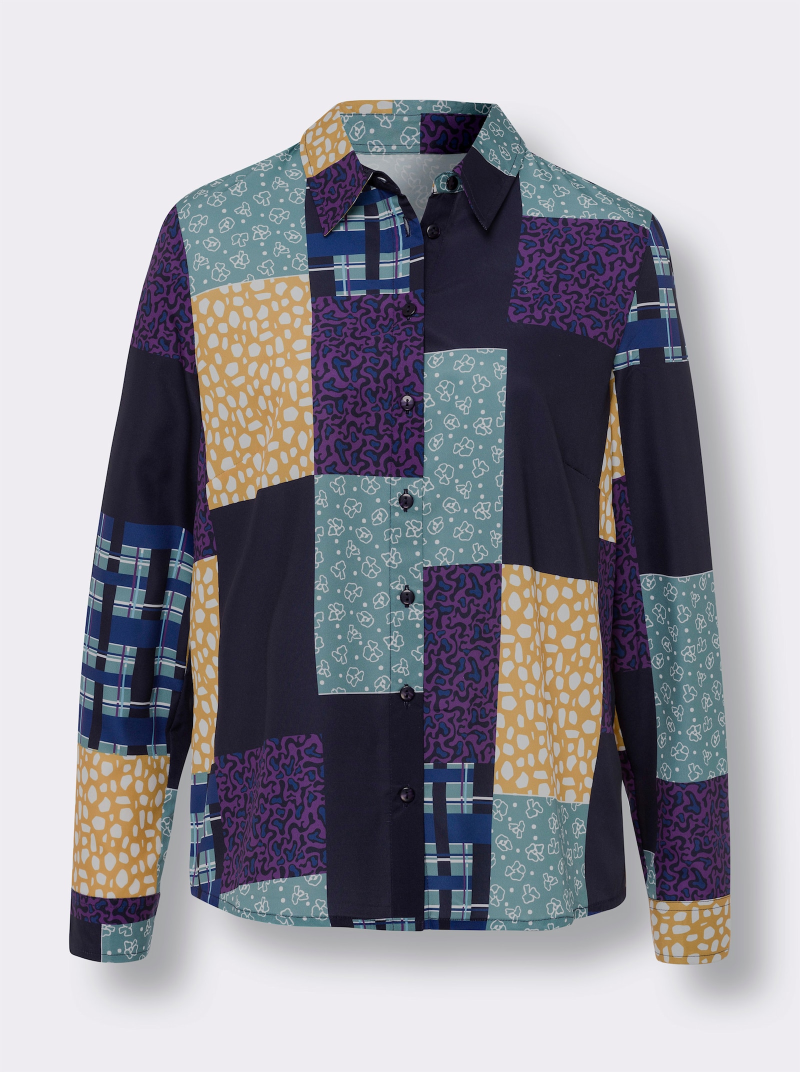 Skjorta i patchworkmönster - kungsblå-ockra, med tryck