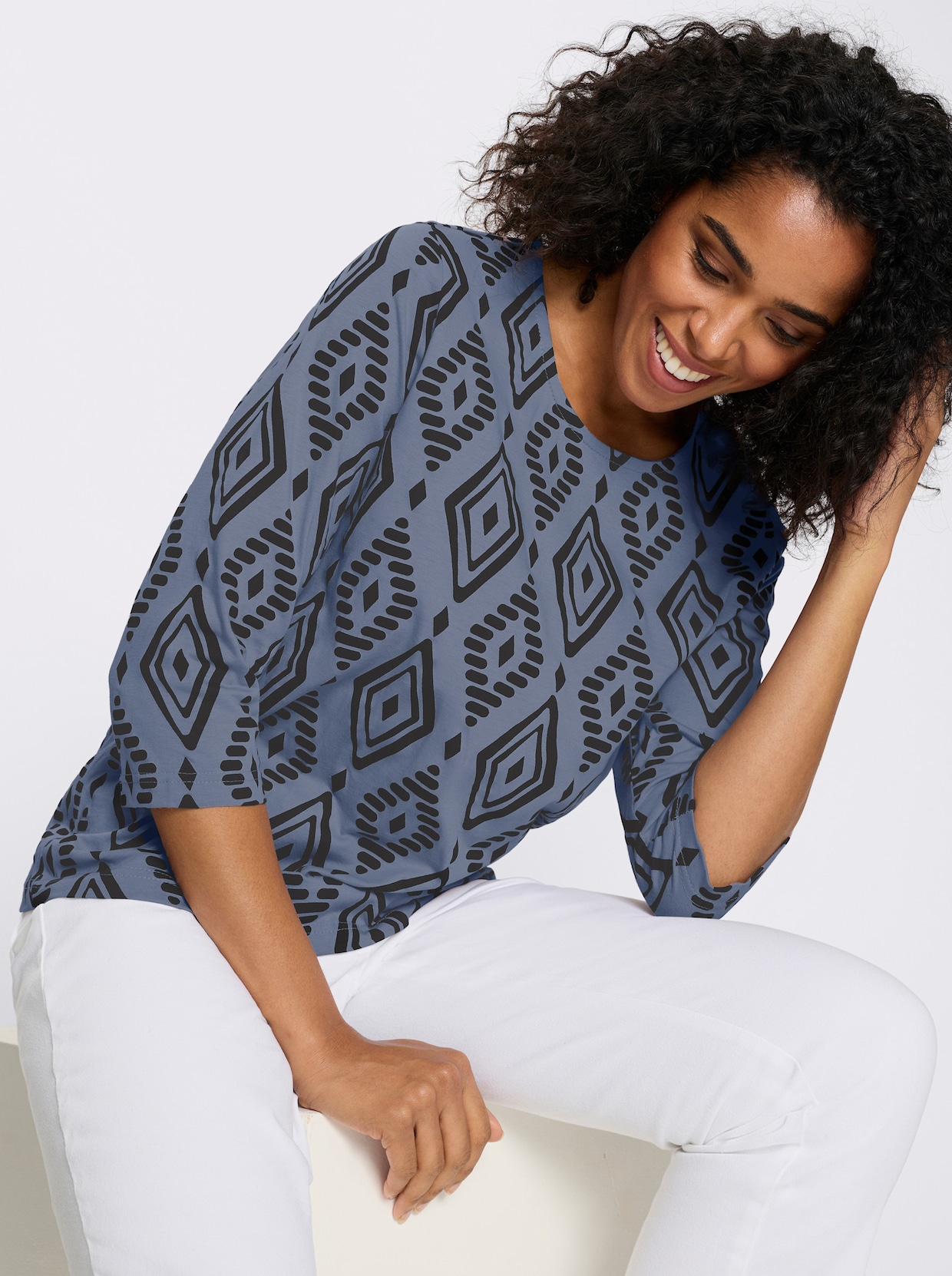 3/4-Arm-Shirt aus reiner Baumwolle, bedruckt - taubenblau-schwarz-bedruckt