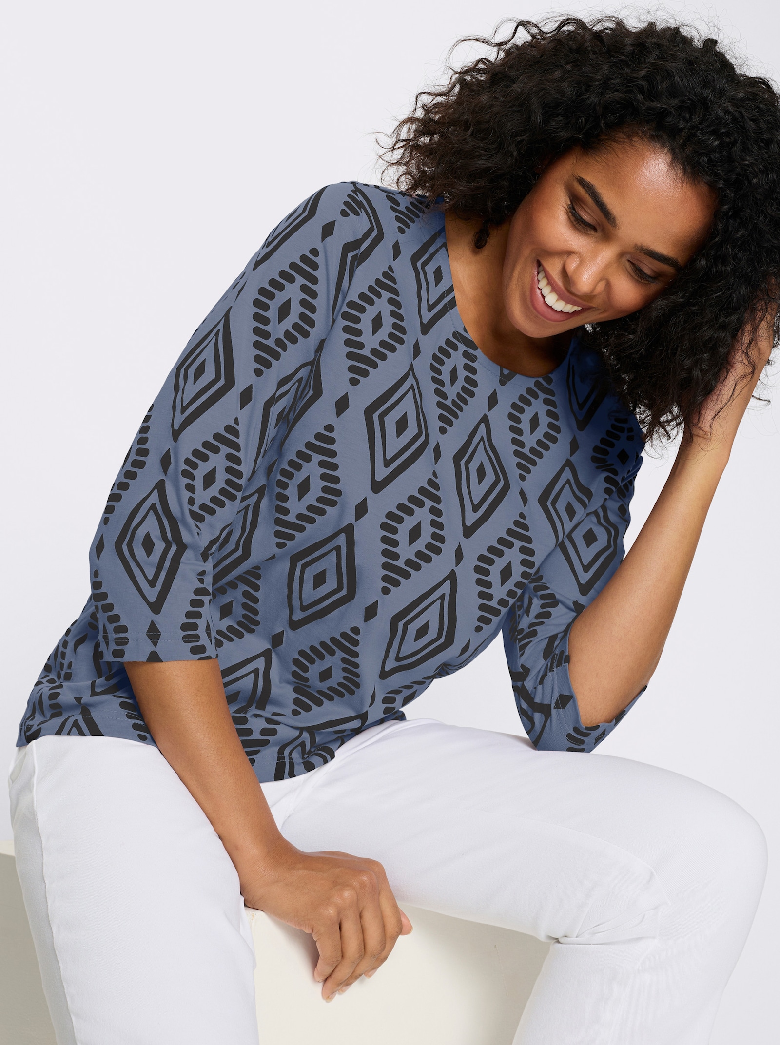 3/4-Arm-Shirt aus reiner Baumwolle, bedruckt - taubenblau-schwarz-bedruckt