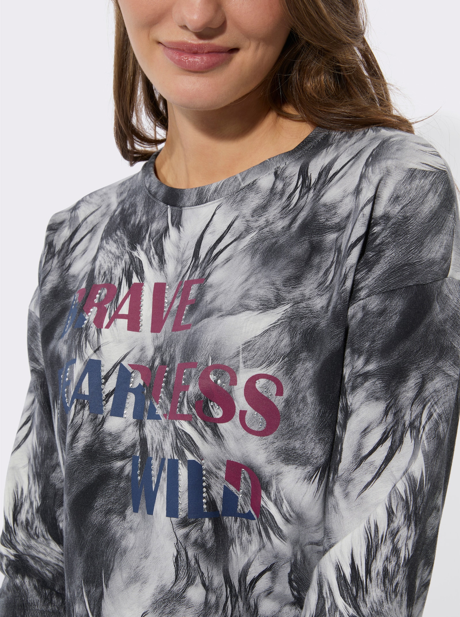 Sweatshirt mit Schriftzug mit Glitzersteinchen - weiß-anthrazit-bedruckt