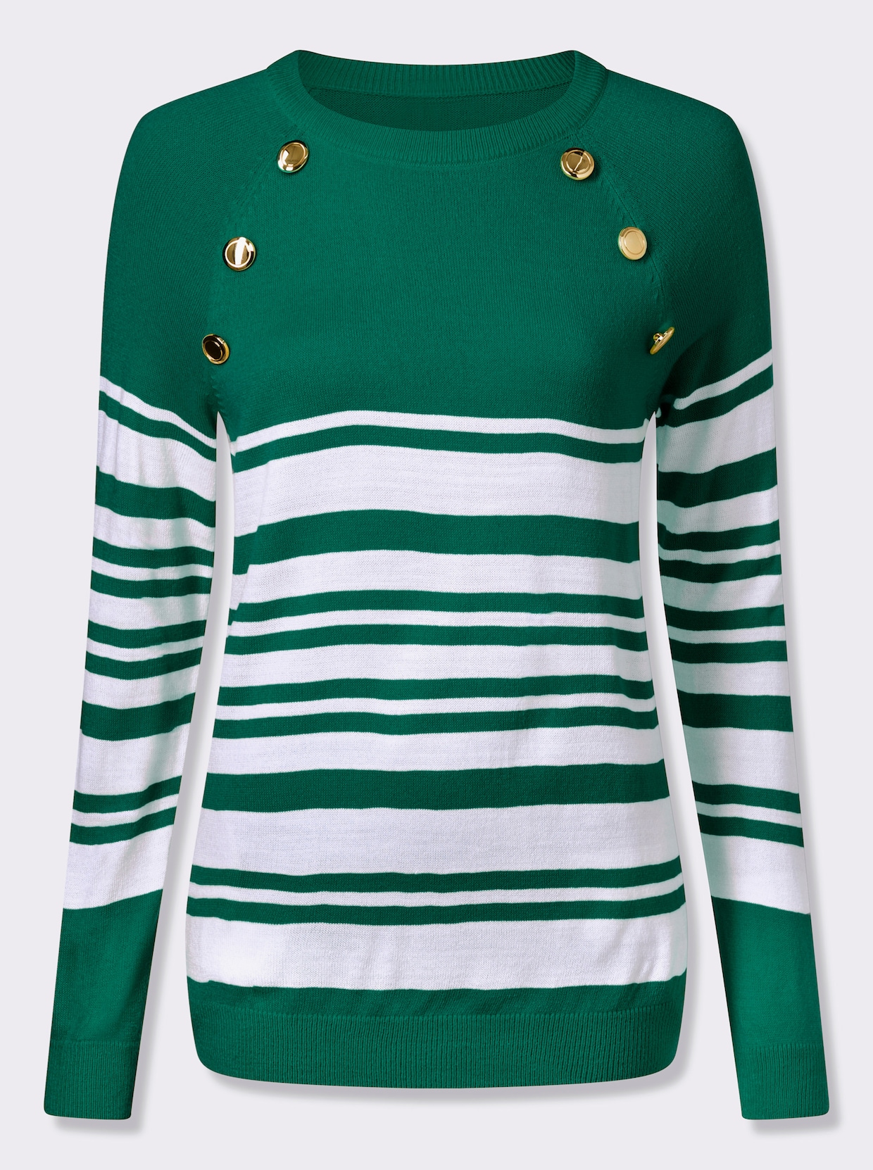 Langarm-Pullover mit goldfarbenen Knöpfen - grün-weiß-geringelt