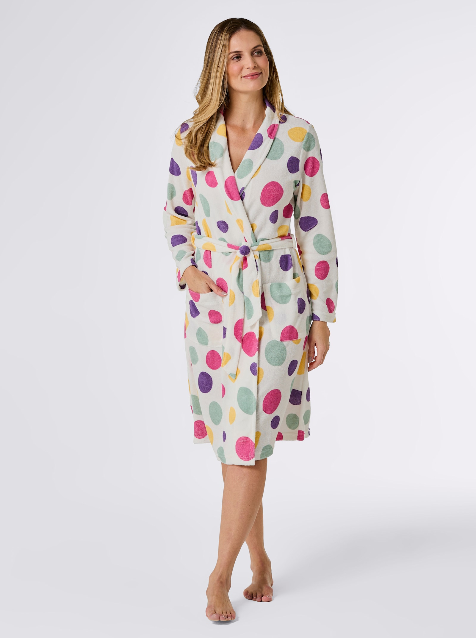 feel good Bademantel - weiß-fuchsia-bedruckt