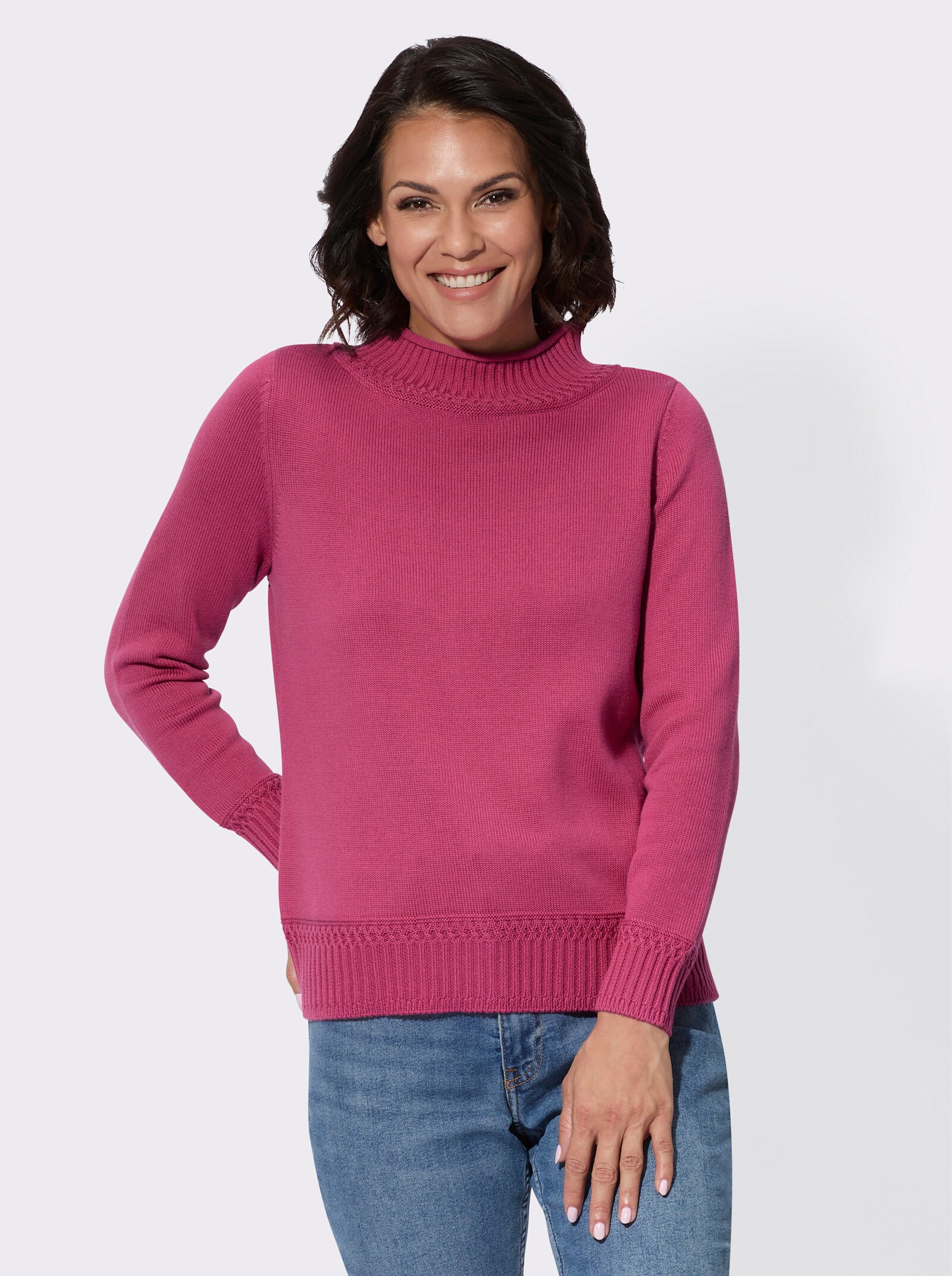Stehkragenpullover mit Ripp-Abschlüssen - fuchsia