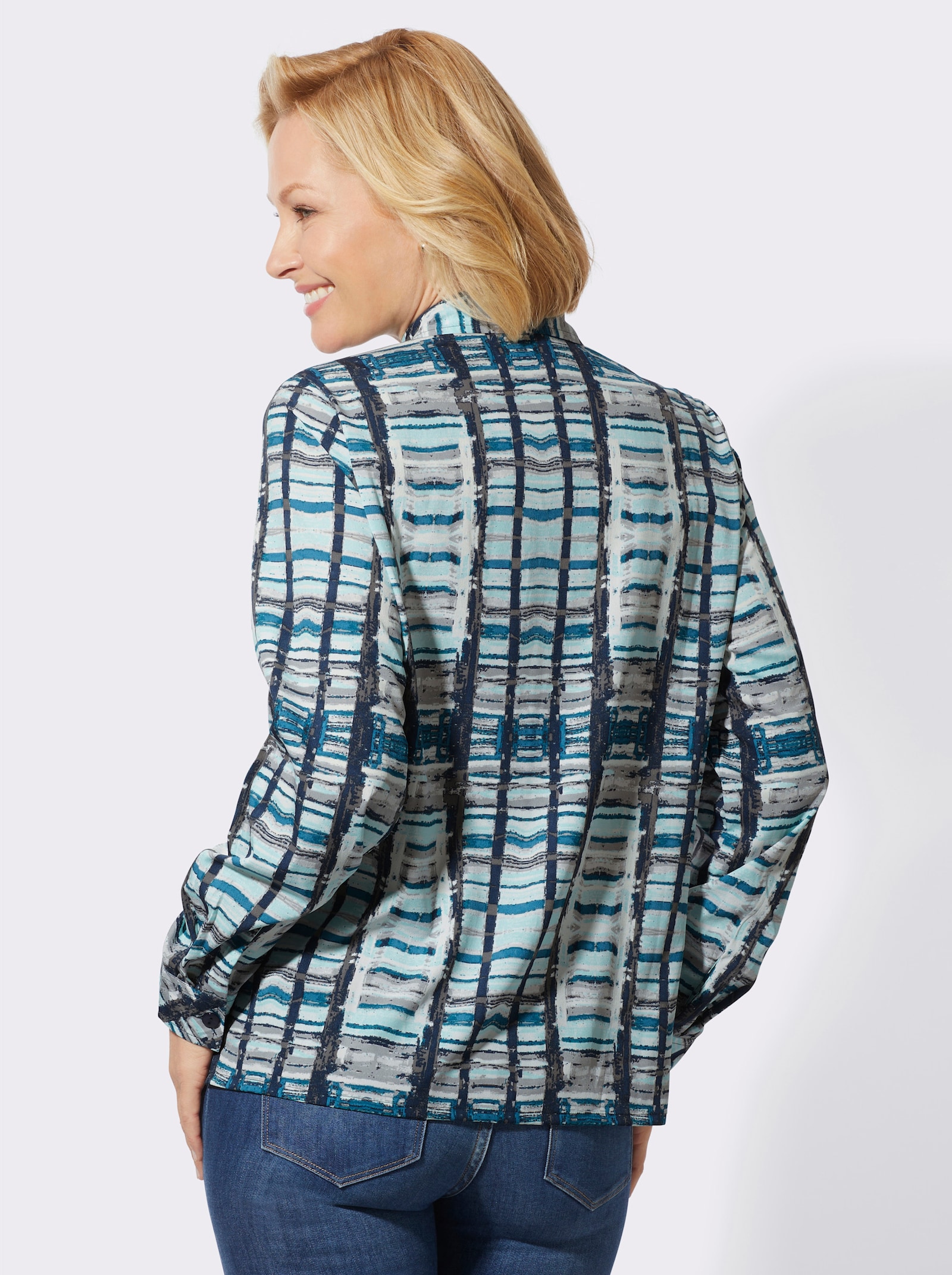 Blouse met lange mouwen en overhemdkraag - kalkmint/donkerblauw bedrukt