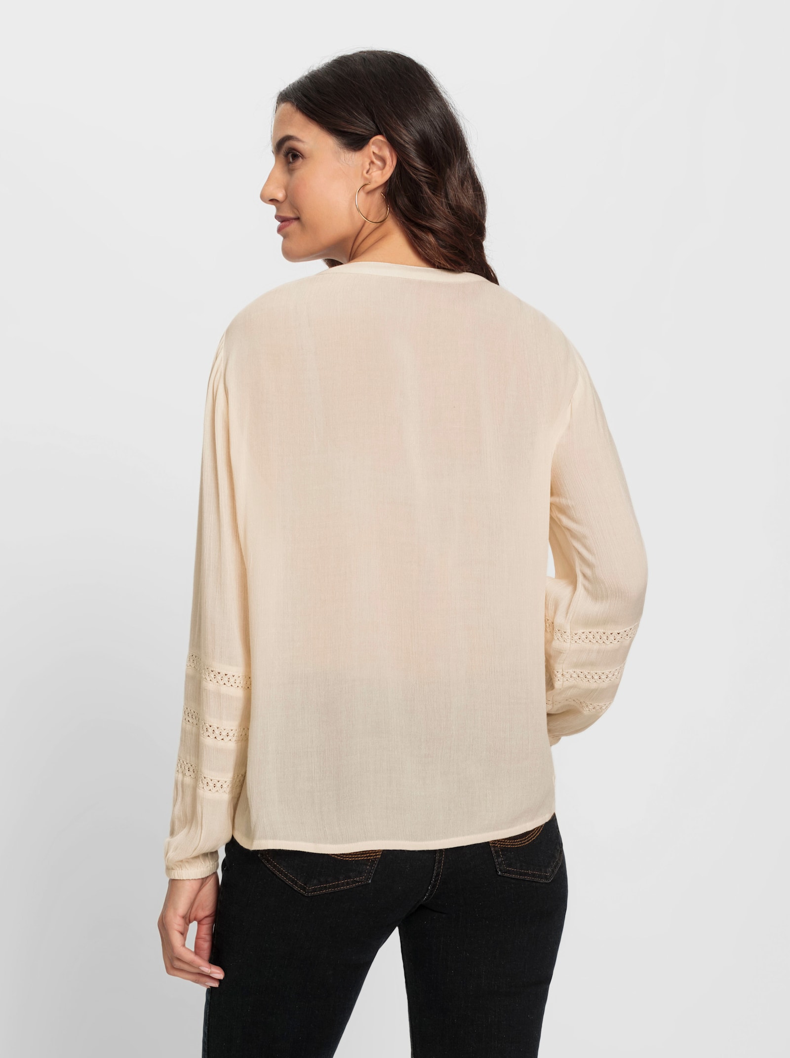 Schlupfbluse Blütenstickerei und Zierperlen - elfenbein