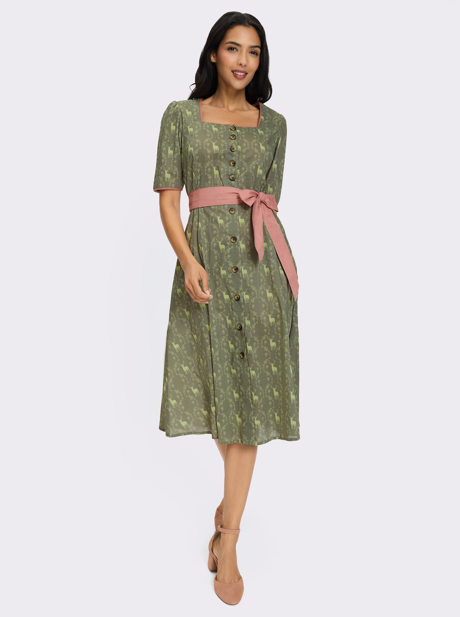 Trachtenkleid mit Knöpfen in Holz-Optik - khaki-lindgrün-bedruckt