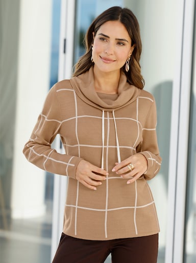 Rollkragenpullover mit Jacquard-Karo - camel-ecru-gemustert