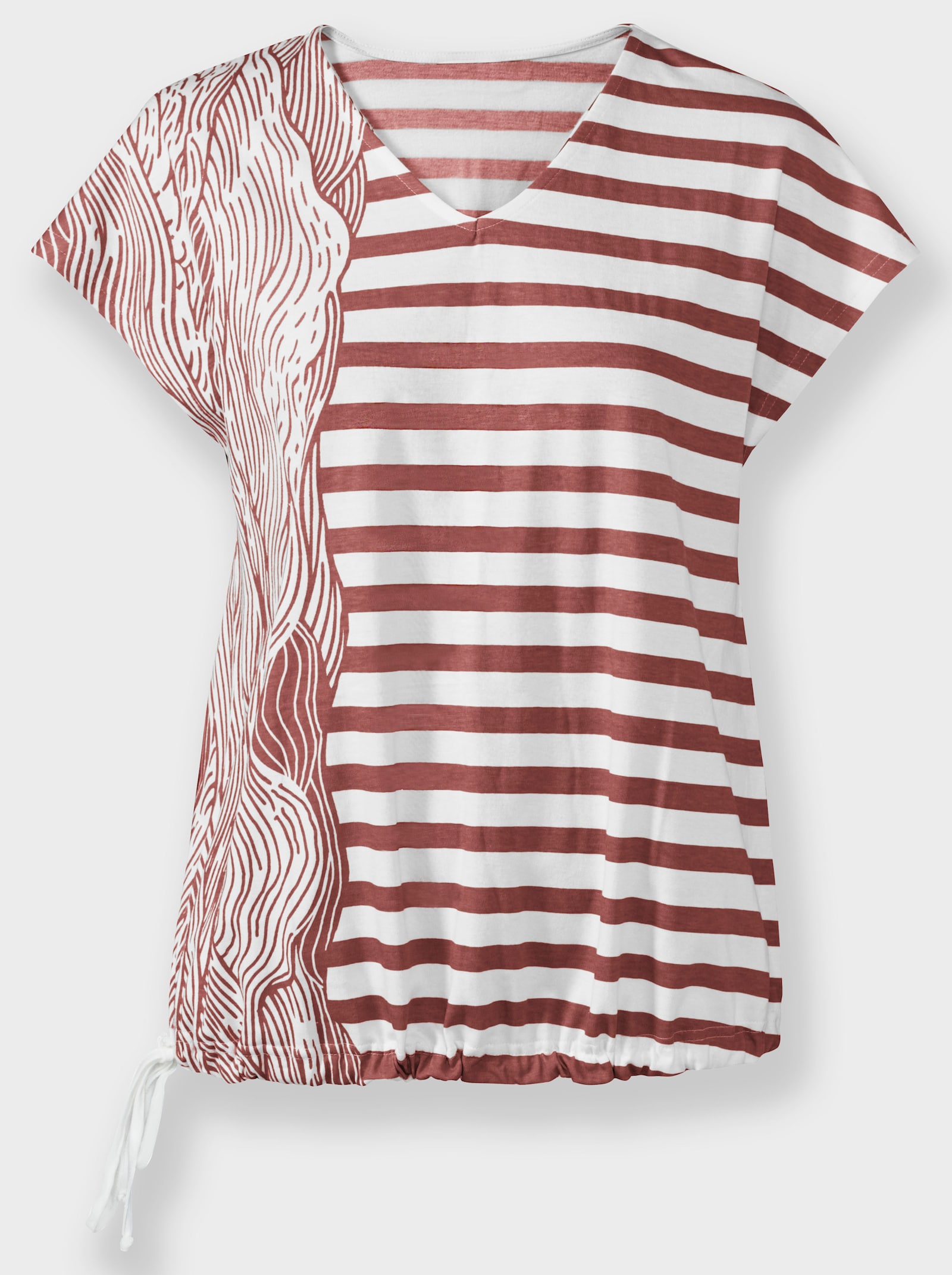 Shirt met tunnelkoord in de zoom - roodbruin/ecru bedrukt