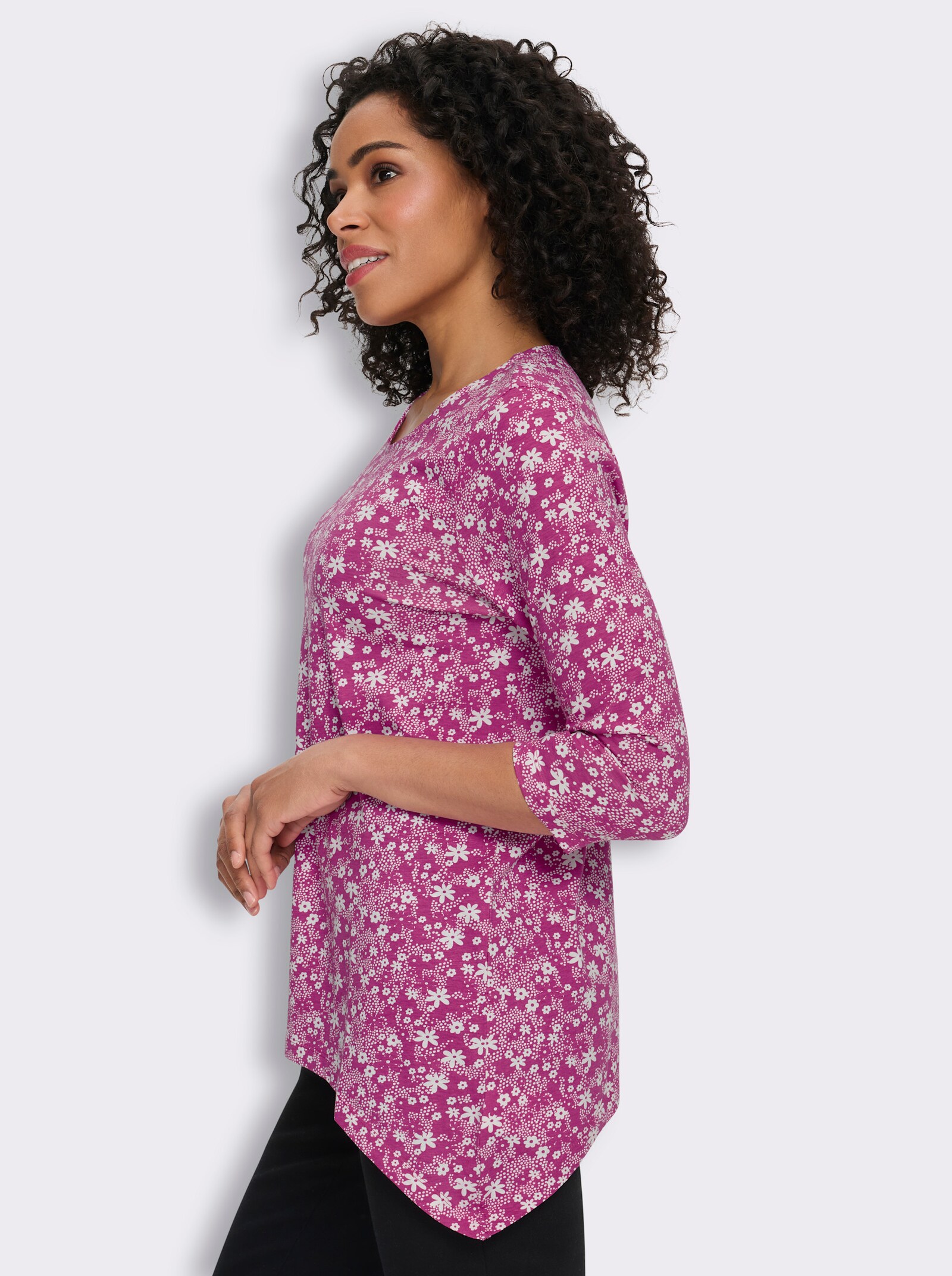 Assymetrisk topp med 3/4-ärmar, blomtryck - magenta-ecru-med tryck