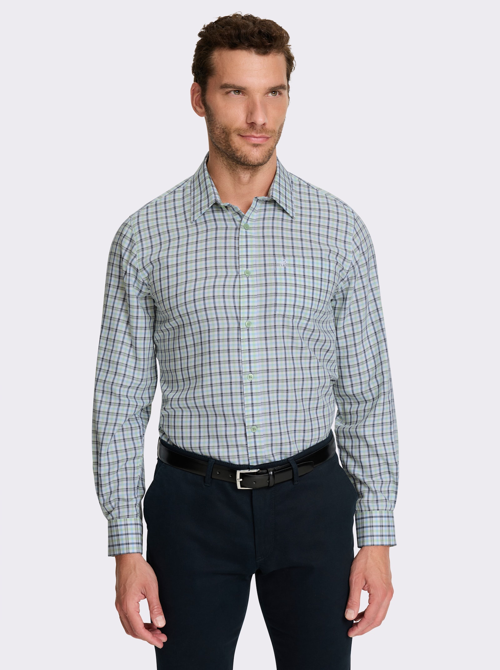 Marco Donati Langarmhemd in bügelfreier Popeline-Qualität - marine-reseda-kariert