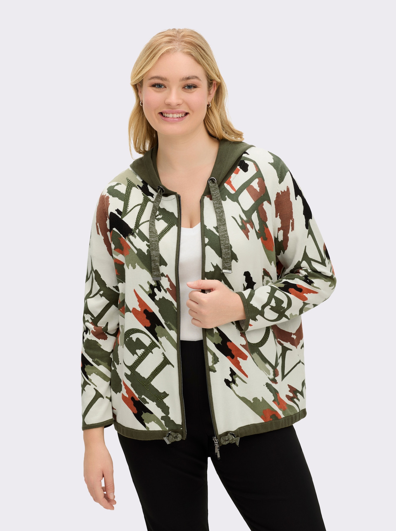 Kapuzenstrickjacke mit Druck und Glitzersteinchen - champagner-khaki-bedruckt