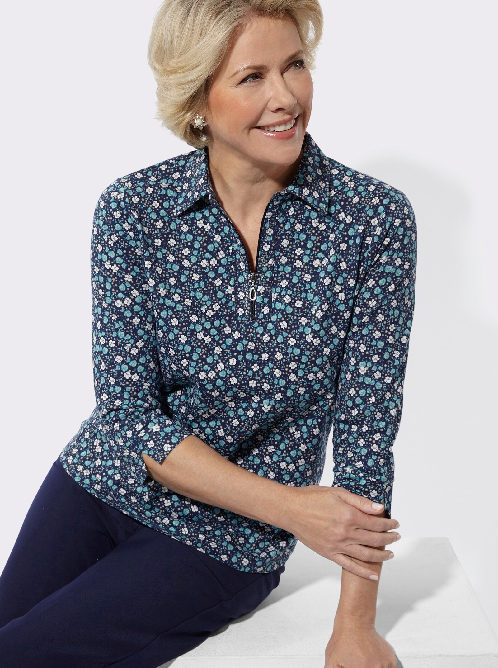 Poloshirt mit Glitzersteinchen - marine-türkis-bedruckt