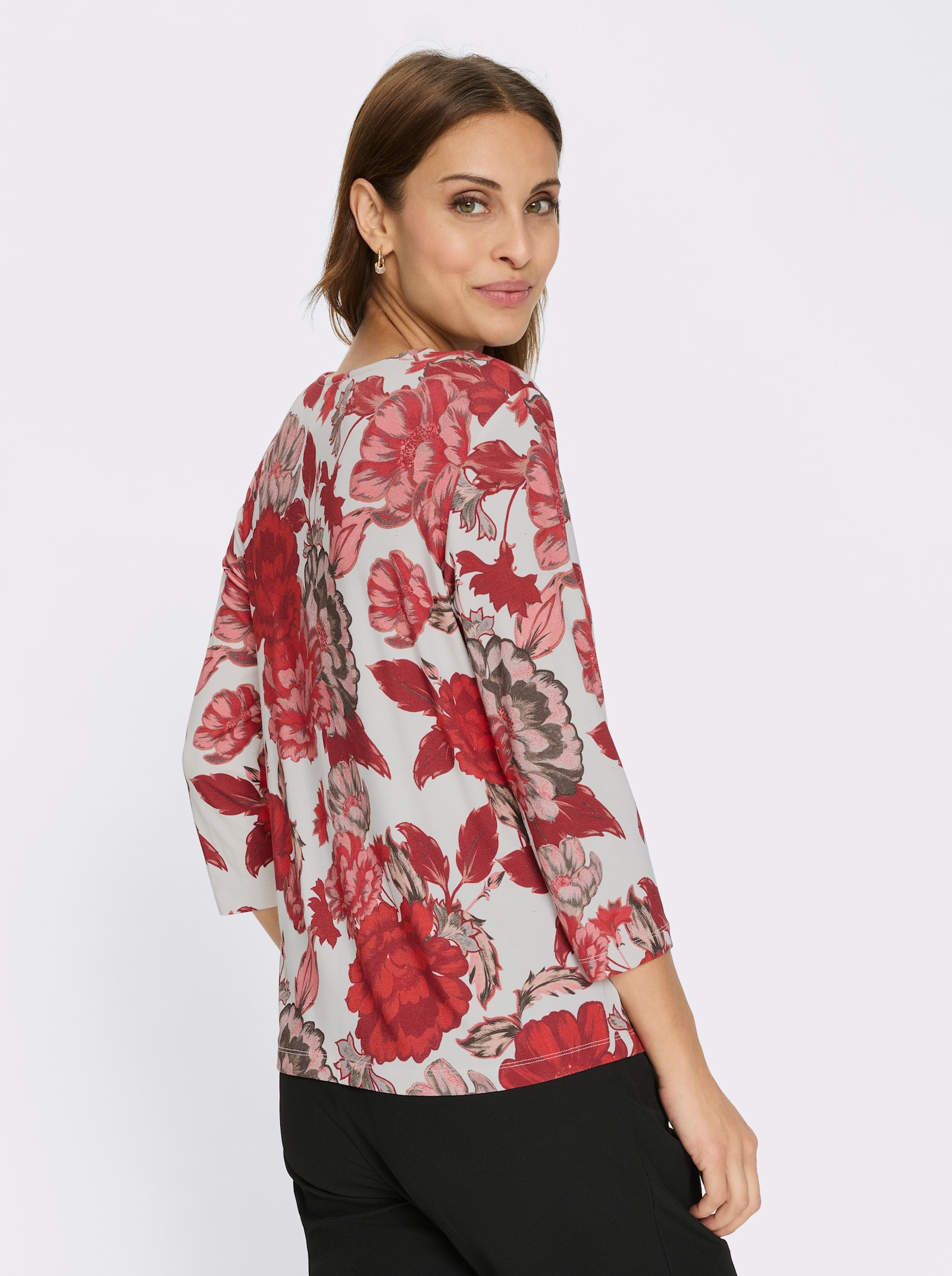 Shirt met ronde hals en viscose - ecru/rood bedrukt