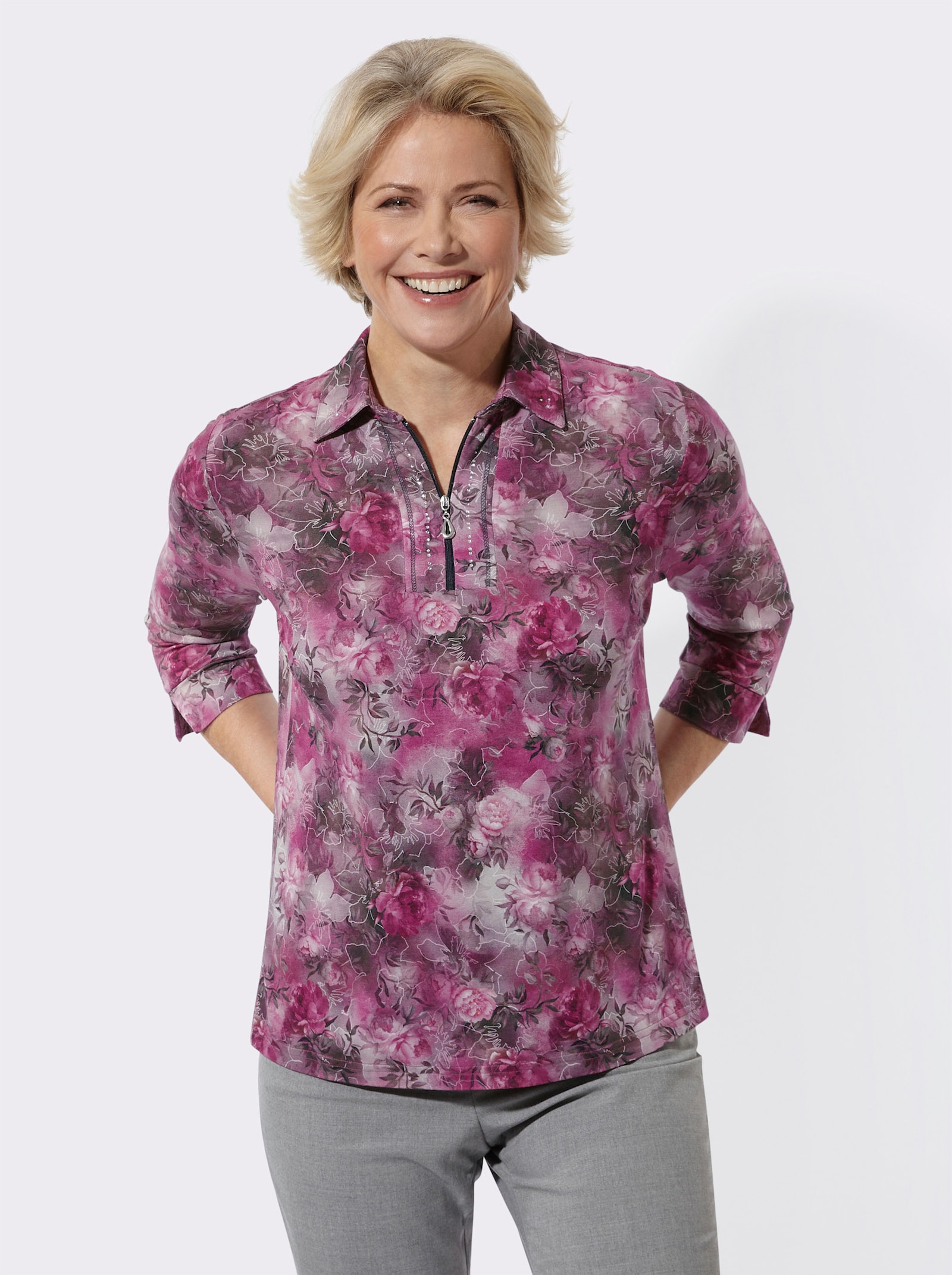 Poloshirt im Blüten-Dessin - malve-hellgrau-bedruckt