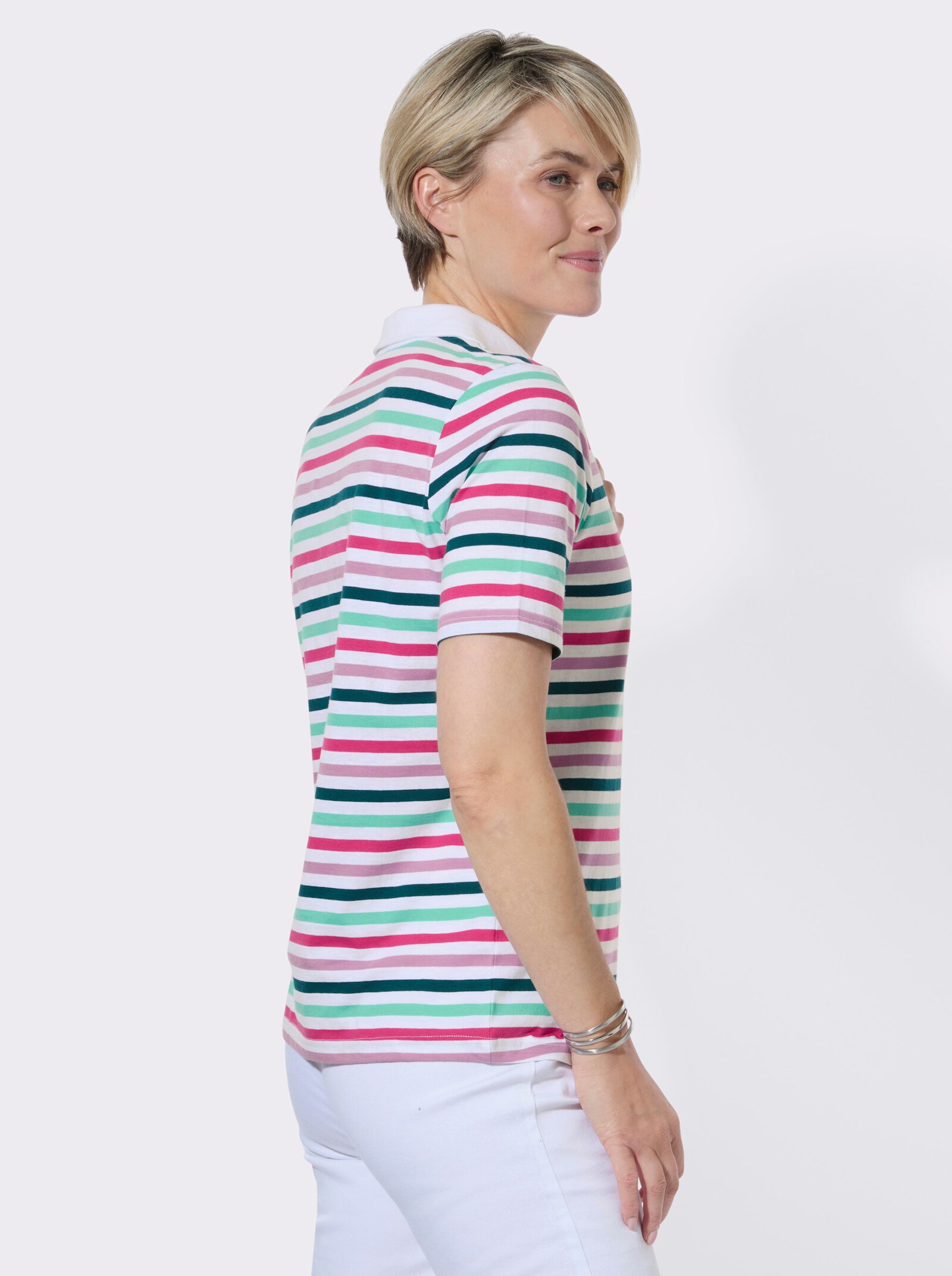 Poloshirt im garngefärbten Ringelmuster - weiß-fuchsia-geringelt