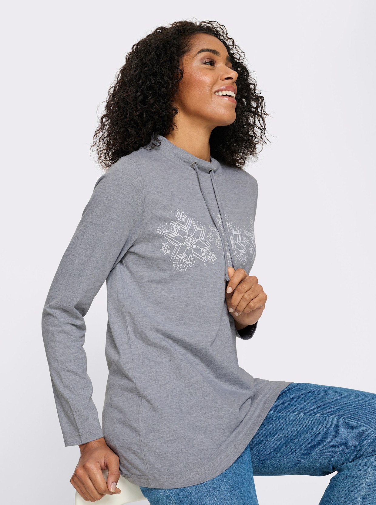 Lang shirt met sneeuwvlokkenprint - grijs gemêleerd/ecru