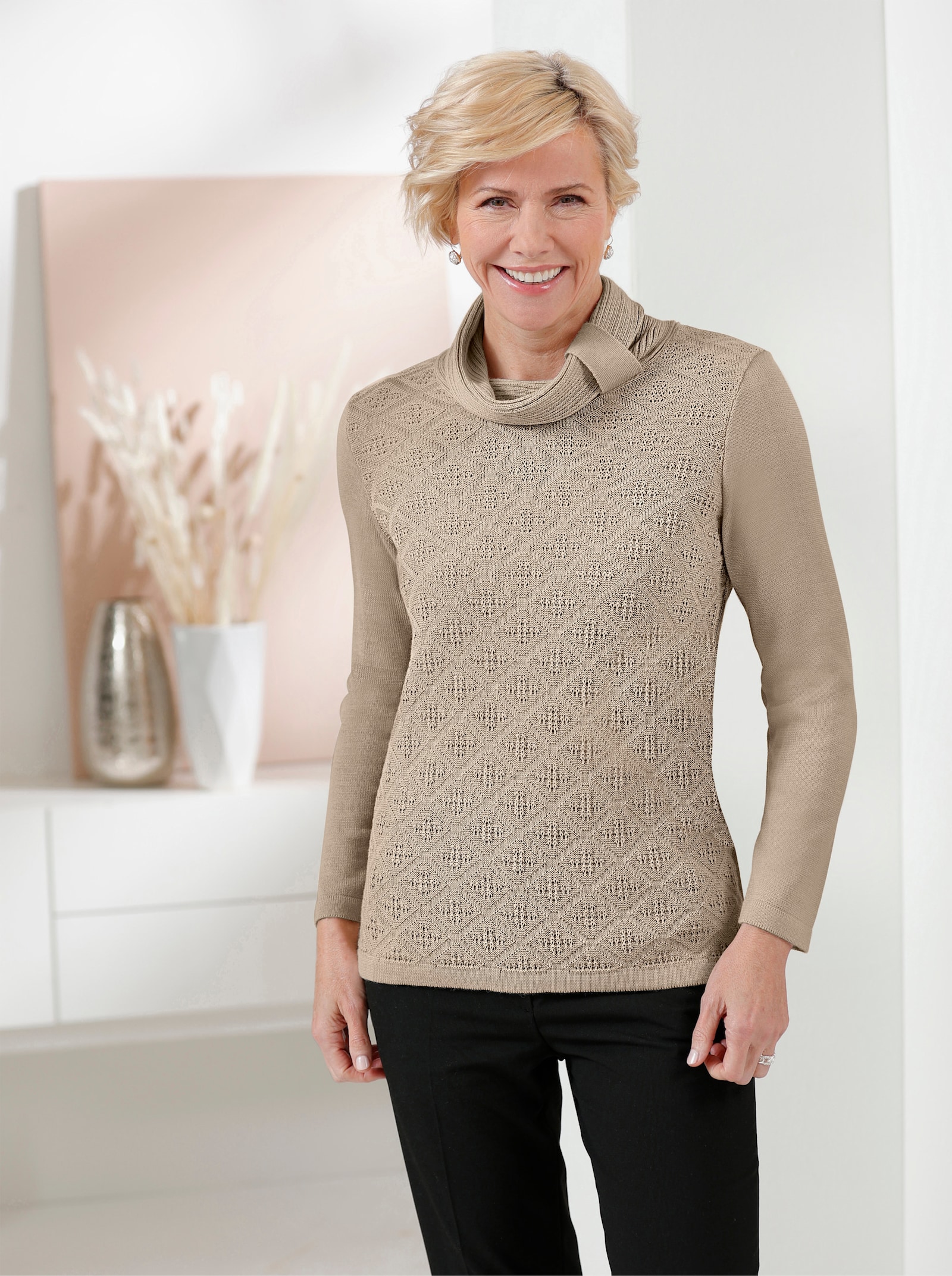 Rollkragenpullover mit halsfernem Rollkragen - sand