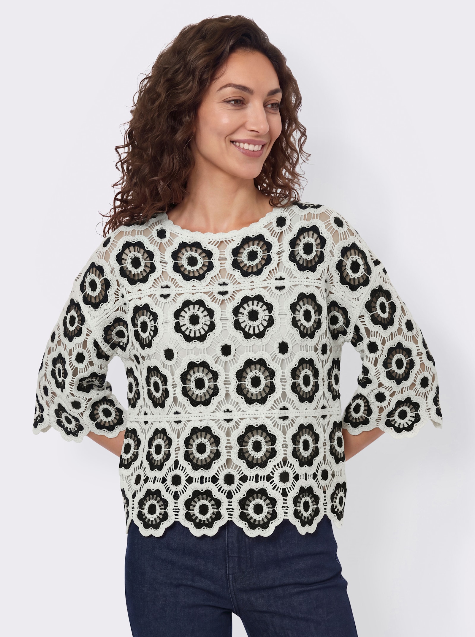 Pullover mit U-Boot-Ausschnitt - champagner-schwarz-gemustert